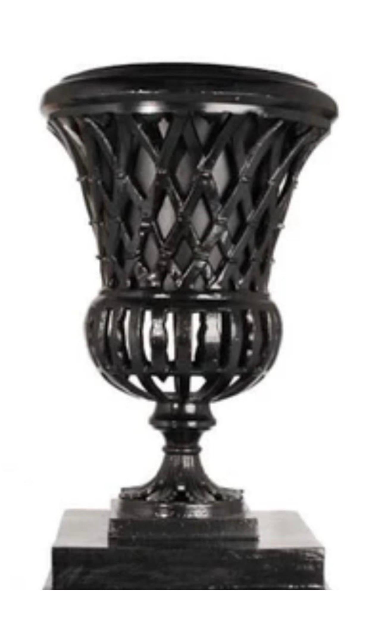 A Wonderful Botanical Heavy Classic Painted Black Cast Aluminum Openwork Urn On Pedestal With Interior Tin.
Urn 19 1/2