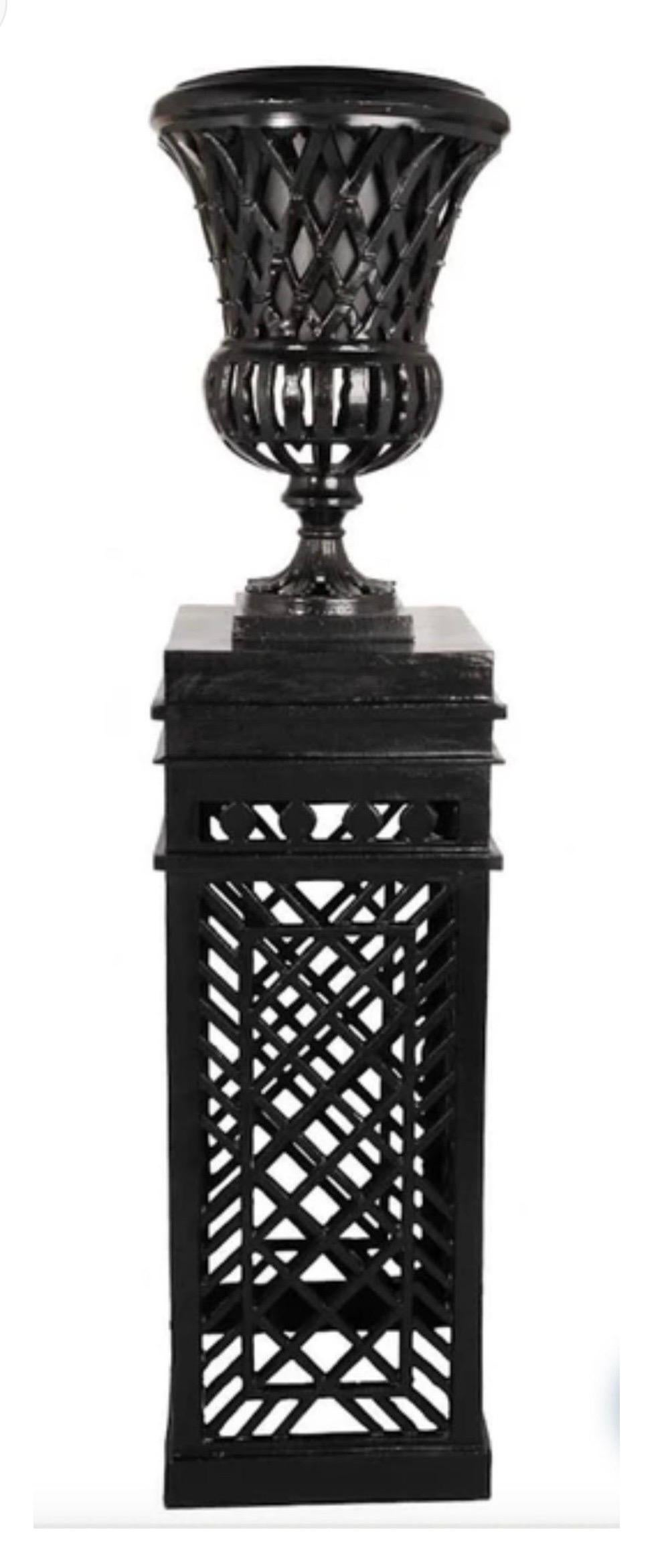Painted Botanical Heavy Classic Black Cast Aluminum Openwork Urn On Pedestal 2 Available For Sale