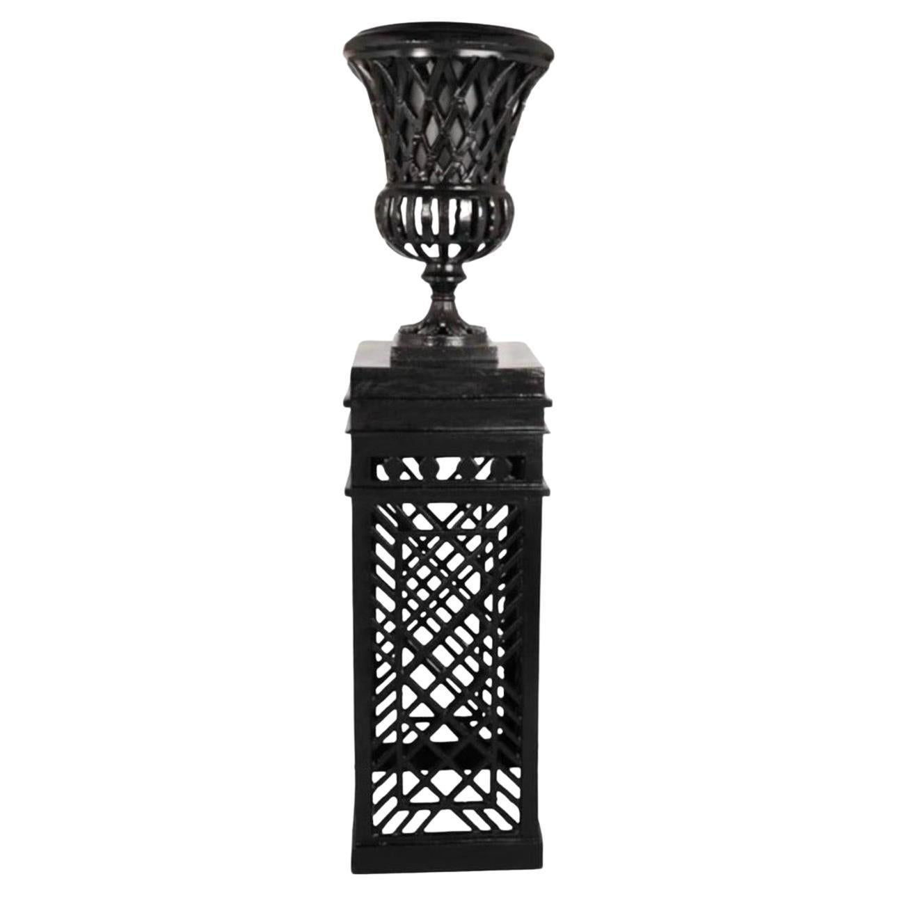 Botanical Heavy Classic Black Cast Aluminum Openwork Urn On Pedestal 2 Available For Sale