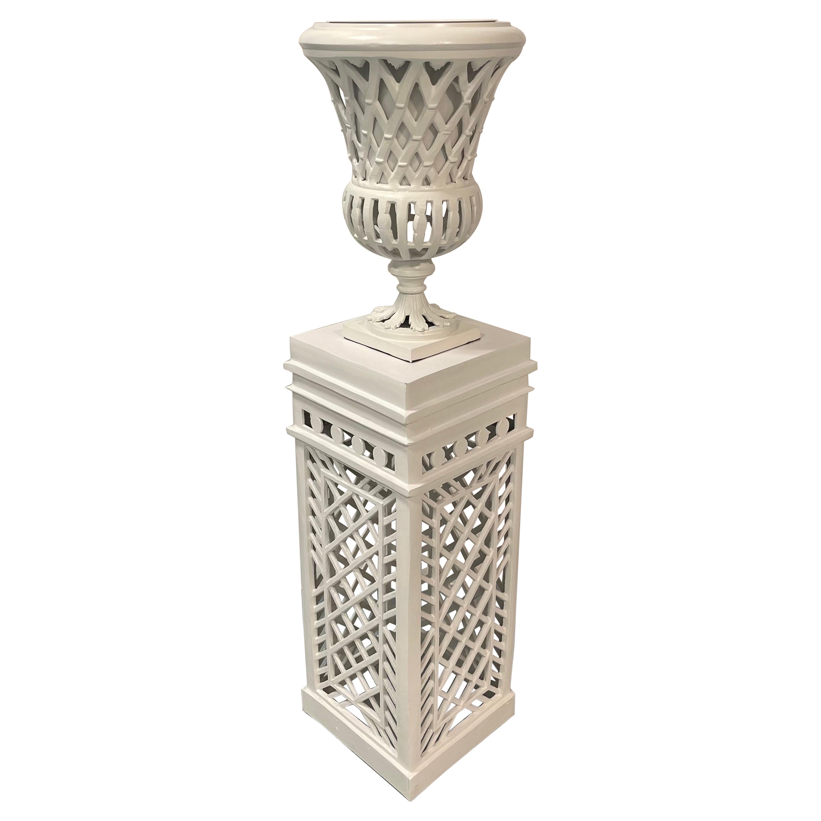 Botanical Heavy Classic White Cast Aluminum Openwork Urn On Pedestal 4 Available