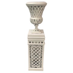 Botanical Heavy Classic White Cast Aluminum Openwork Urn On Pedestal 3 Available