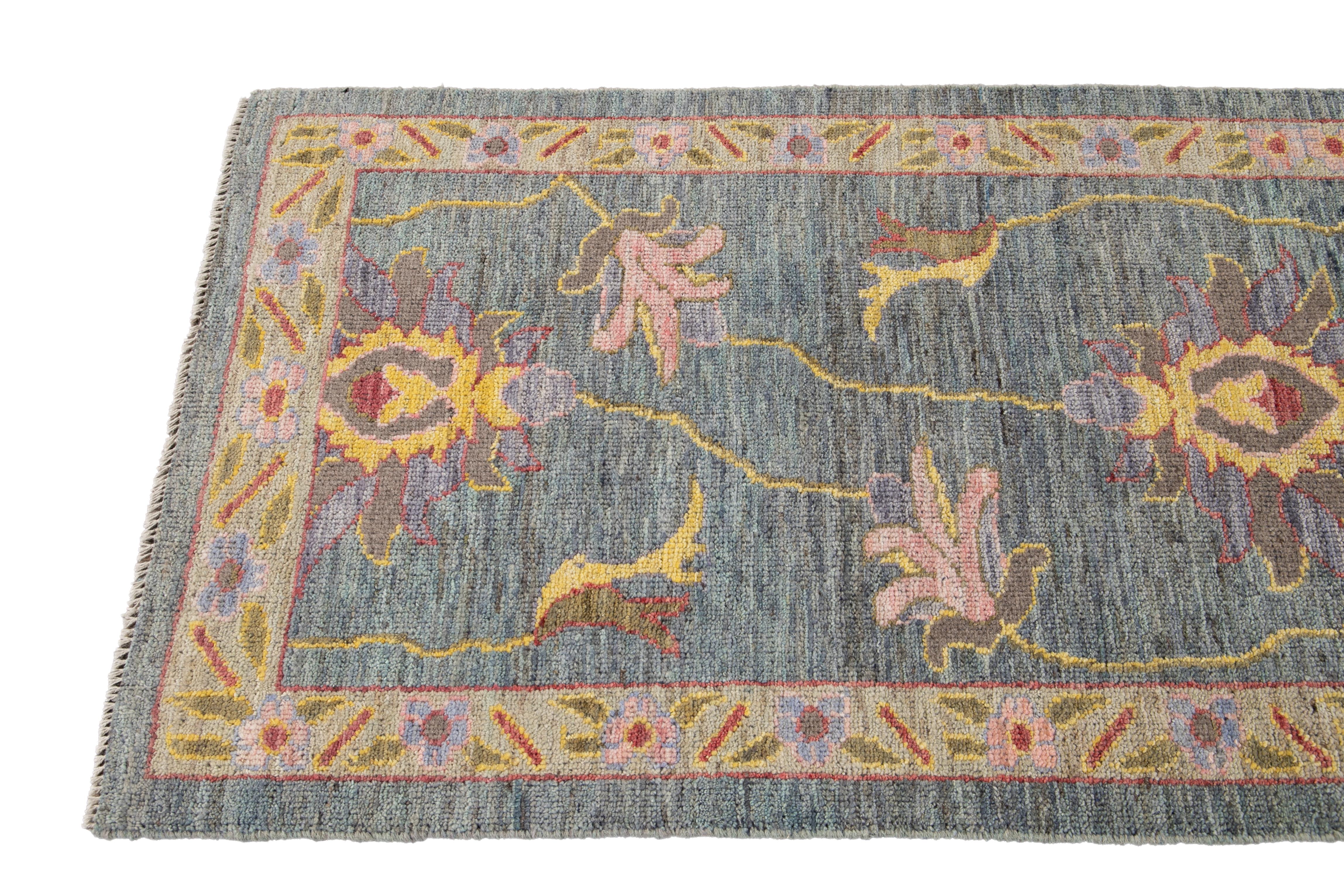 Afghan Botanical Modern Oushak-Style Handmade Wool Runner For Sale