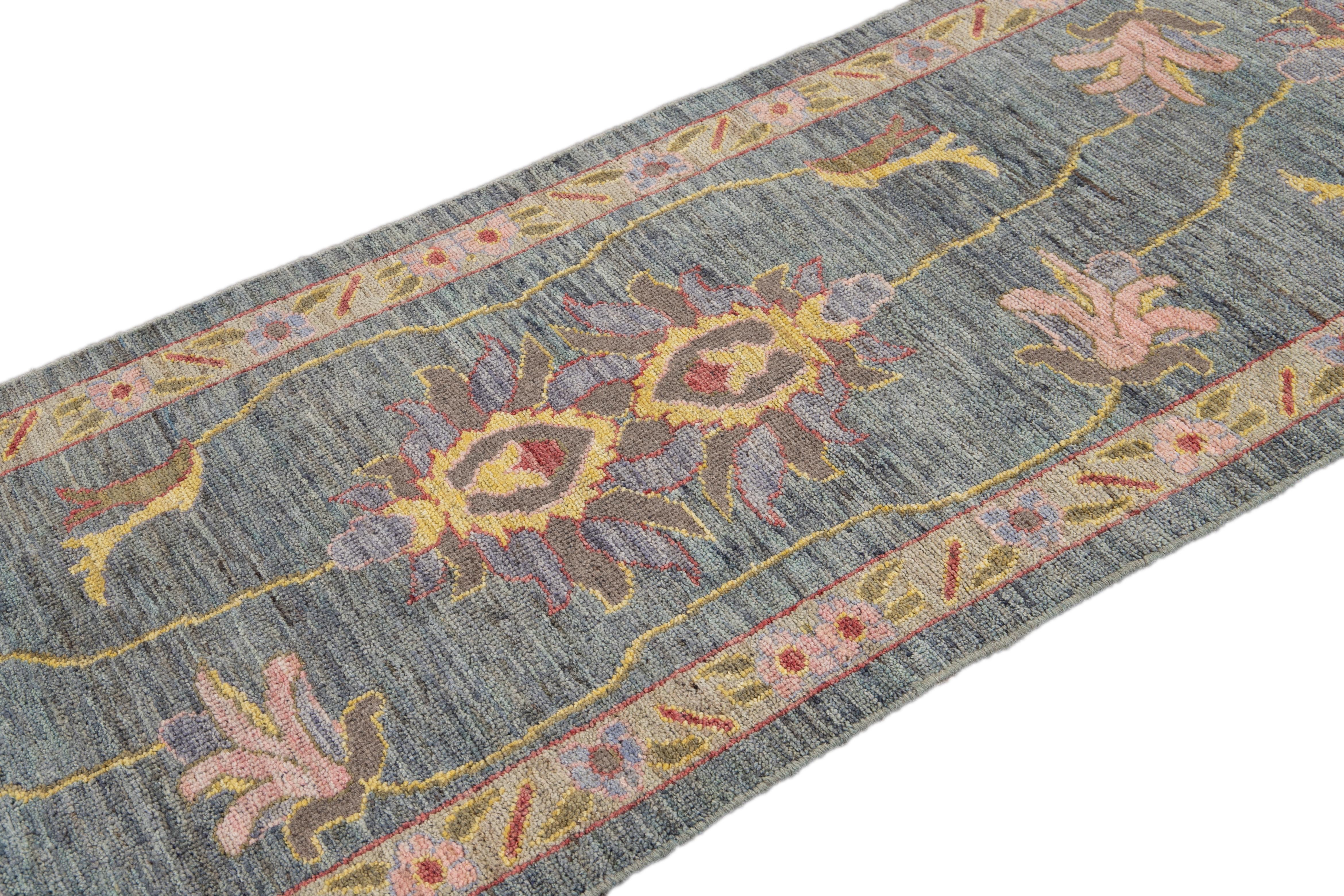 Botanical Modern Oushak-Style Handmade Wool Runner In New Condition For Sale In Norwalk, CT