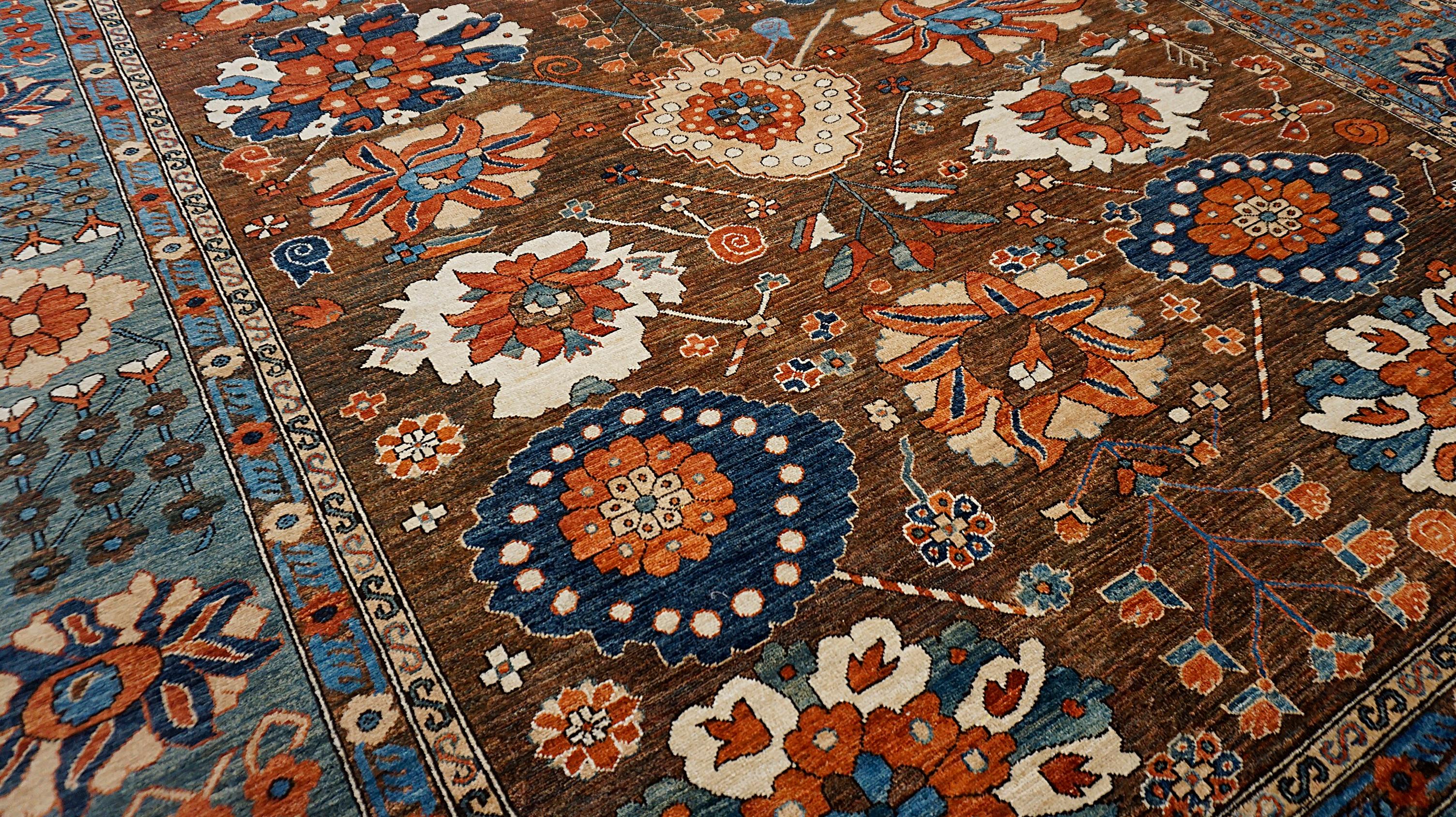 Pakistani Botanical Motifs Arts and Crafts Wool Rug 9'3''x11'8'' For Sale