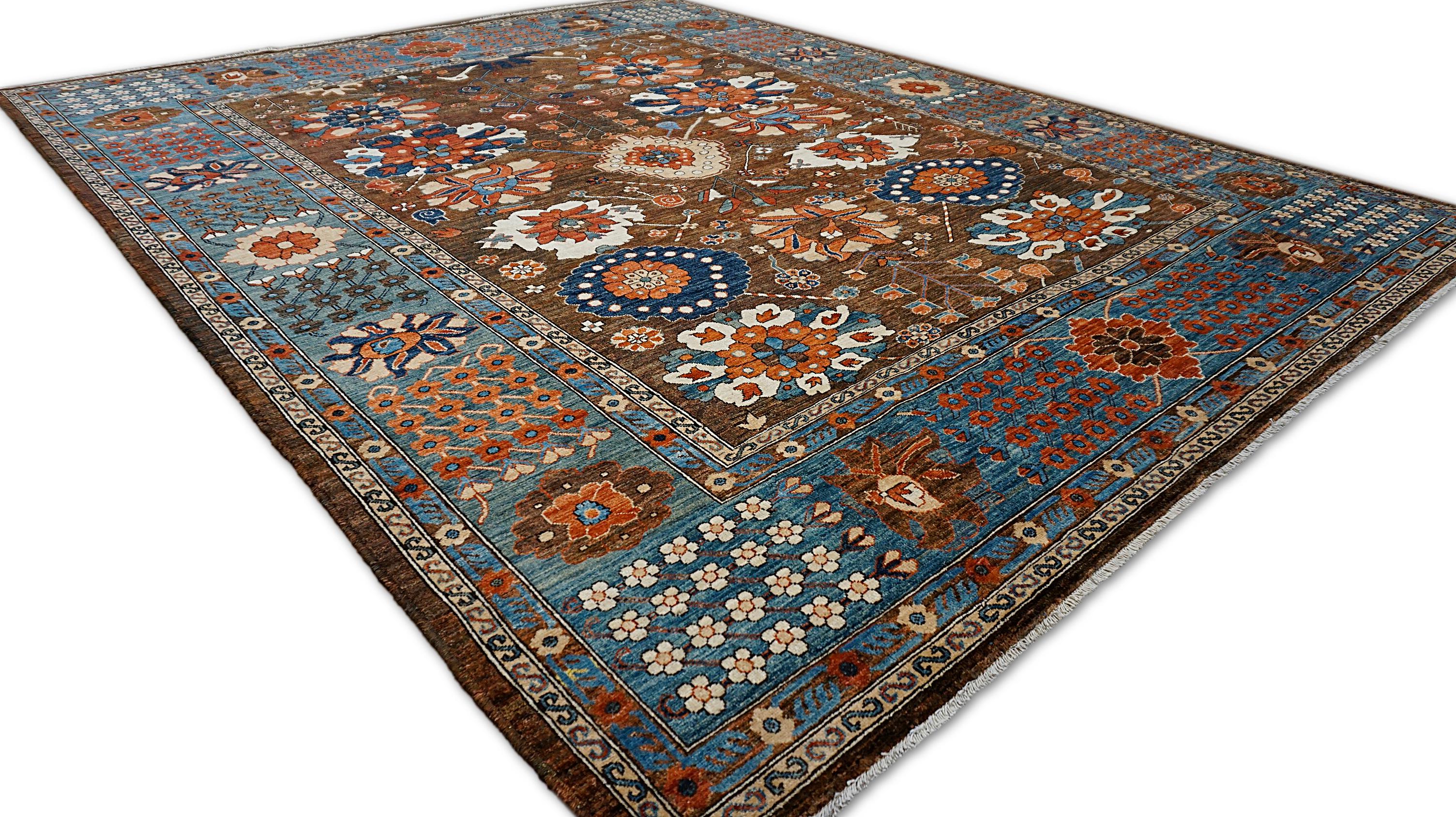 Hand-Knotted Botanical Motifs Arts and Crafts Wool Rug 9'3''x11'8'' For Sale