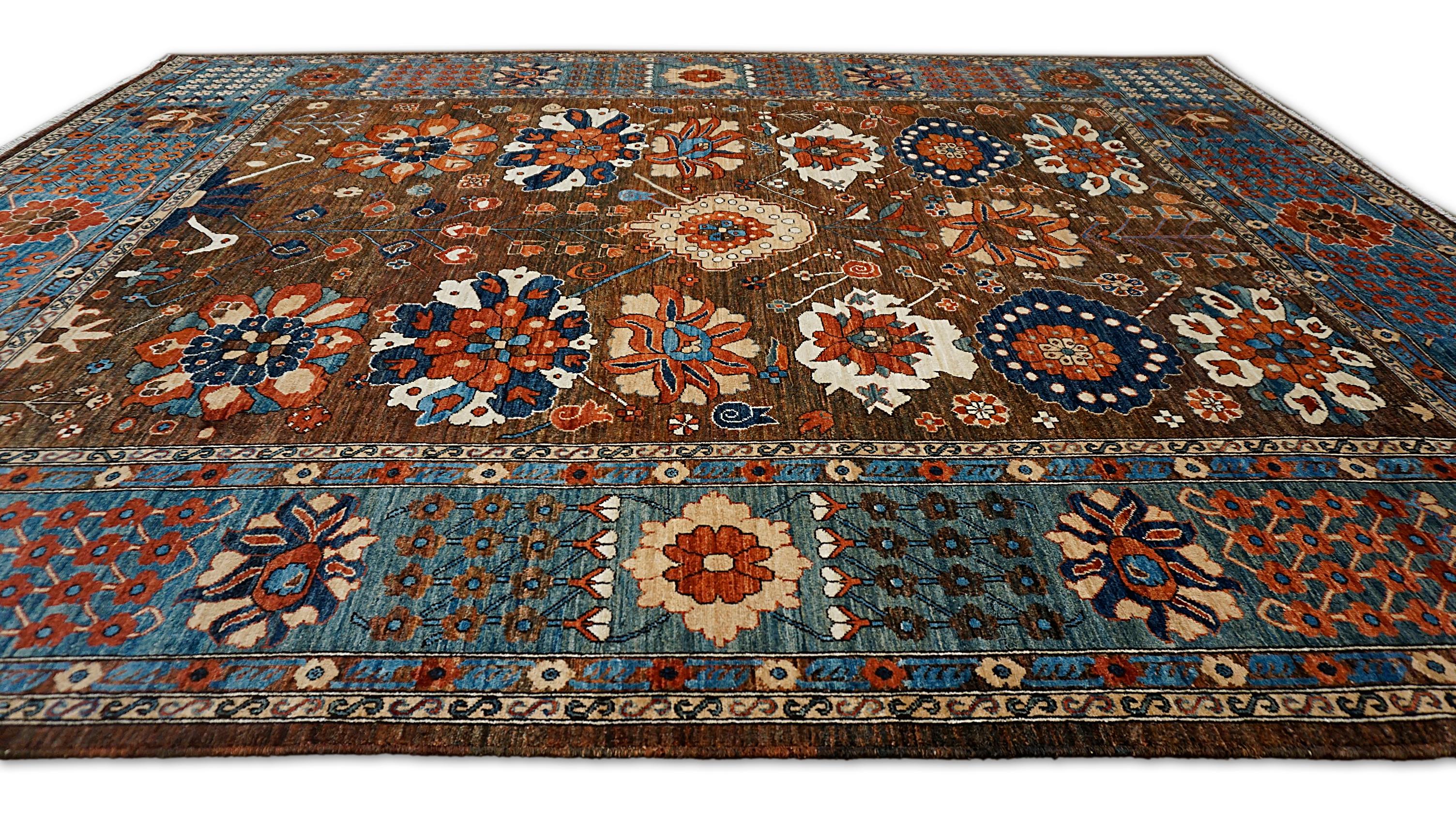 Contemporary Botanical Motifs Arts and Crafts Wool Rug 9'3''x11'8'' For Sale
