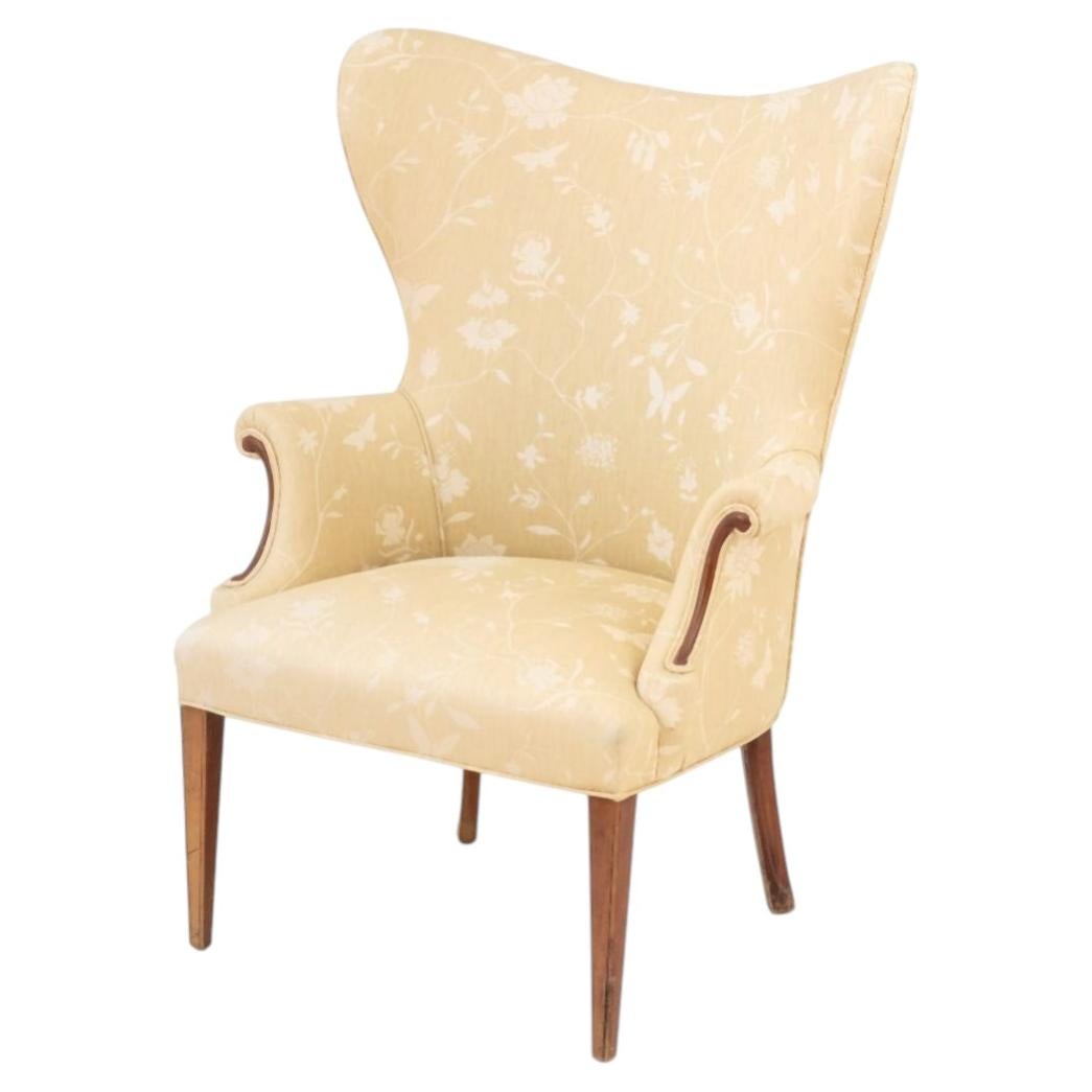 Botanical and Butterfly Print Beige Linen Upholstered Wingback Arm Chair For Sale
