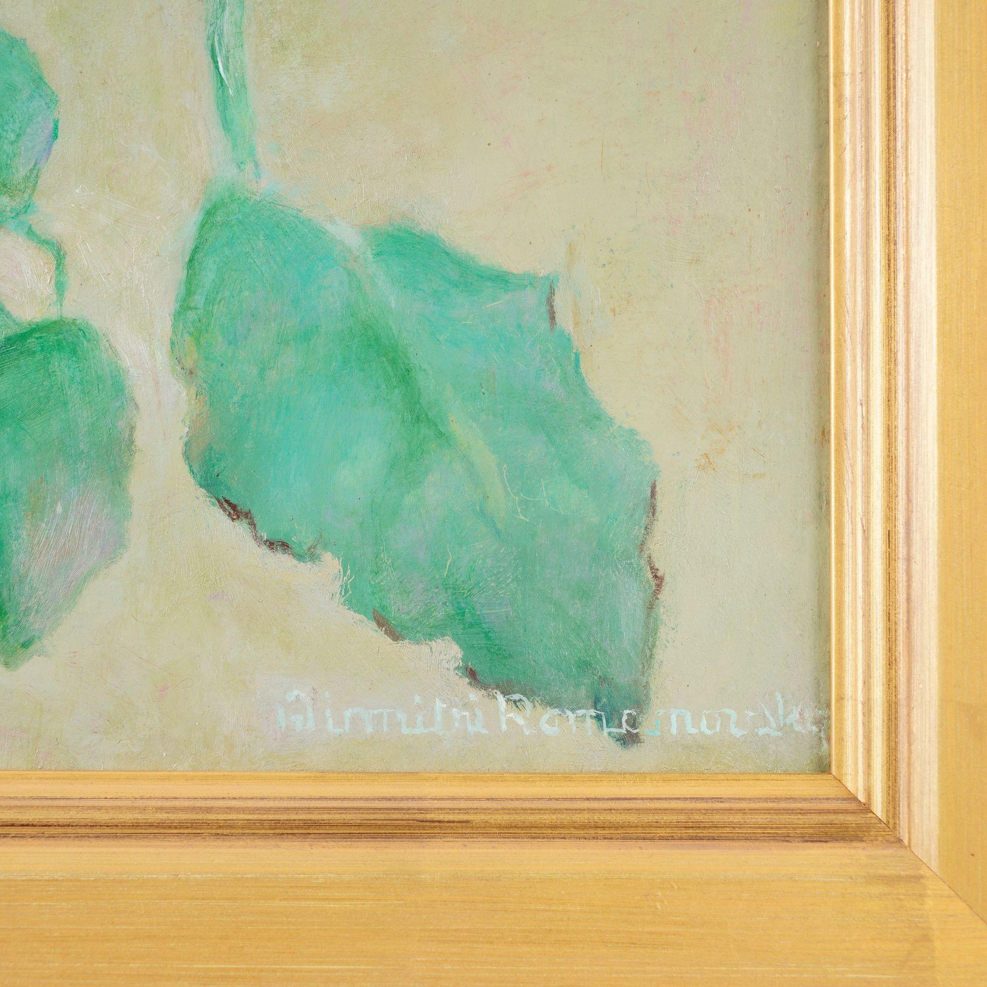 Dimitri Romanovski war ein früher Modernist, und diese frühe Öl-auf-Leinwand-Darstellung eines botanischen Exemplars einer einzeln blühenden weißen Teerose ist charakteristisch für seine botanischen Gemälde.

Die Originalbeschreibung ist auf der