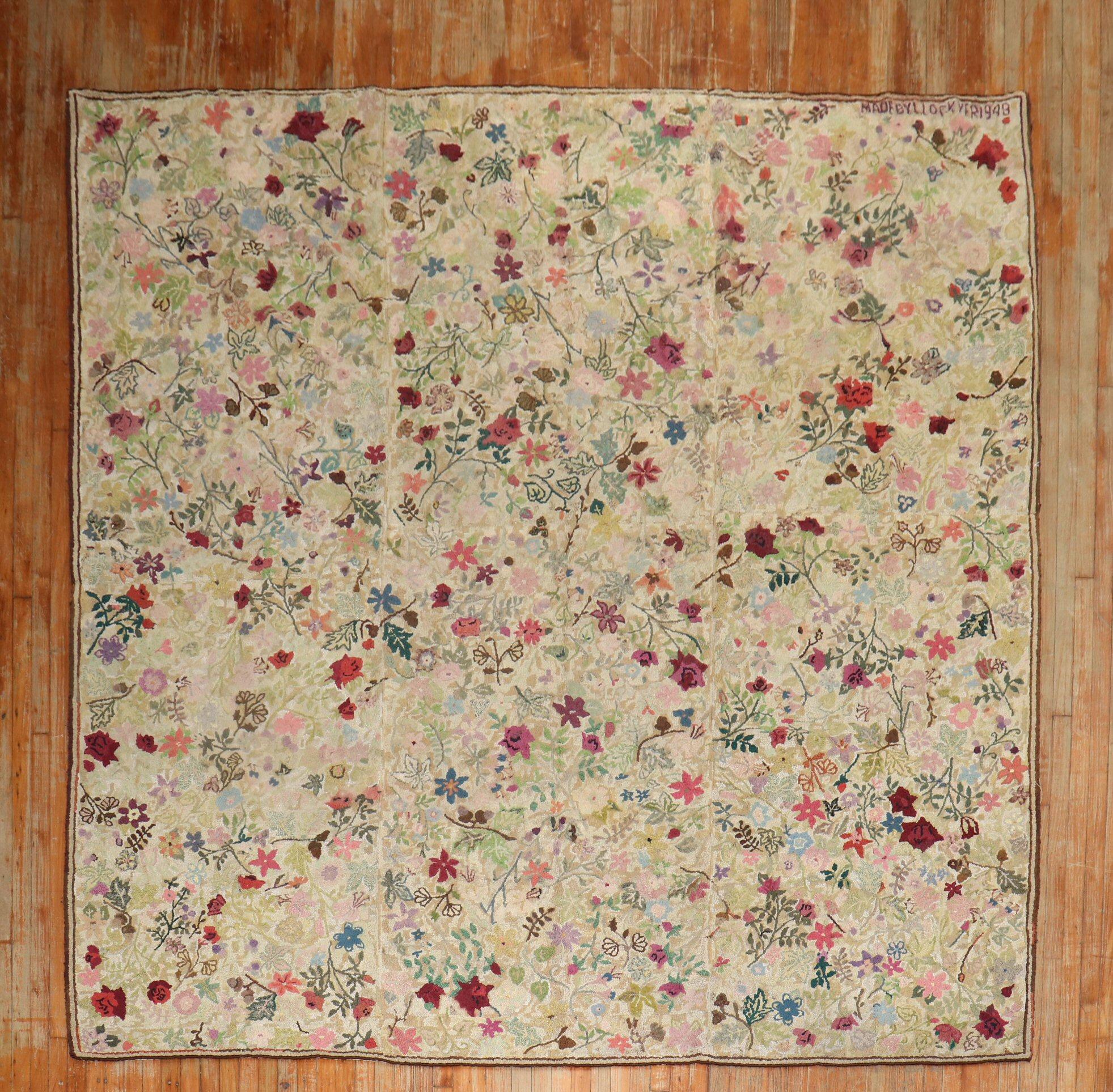 Country Botanical Square Size American Hooked Floral Rug
