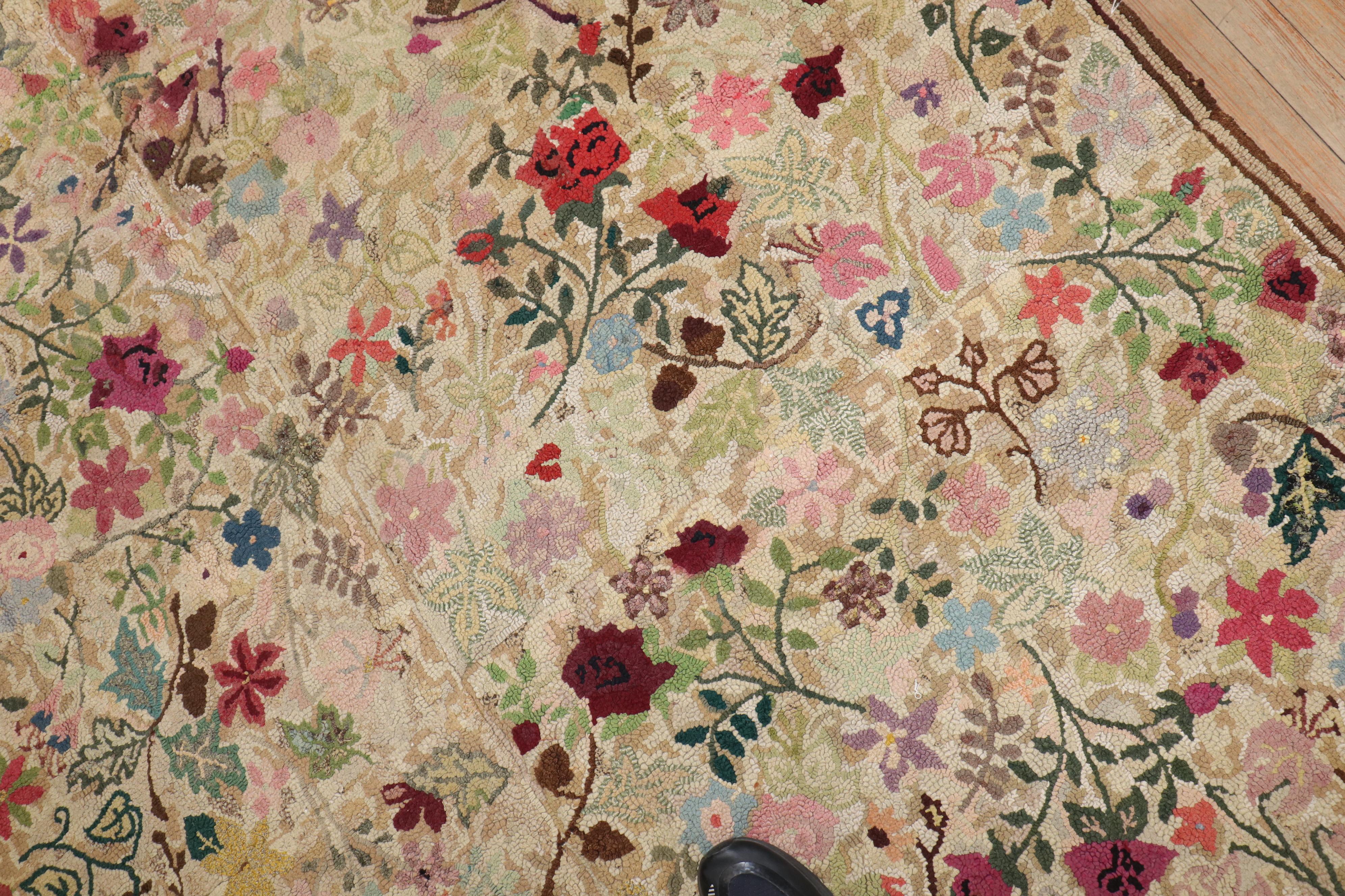 20th Century Botanical Square Size American Hooked Floral Rug