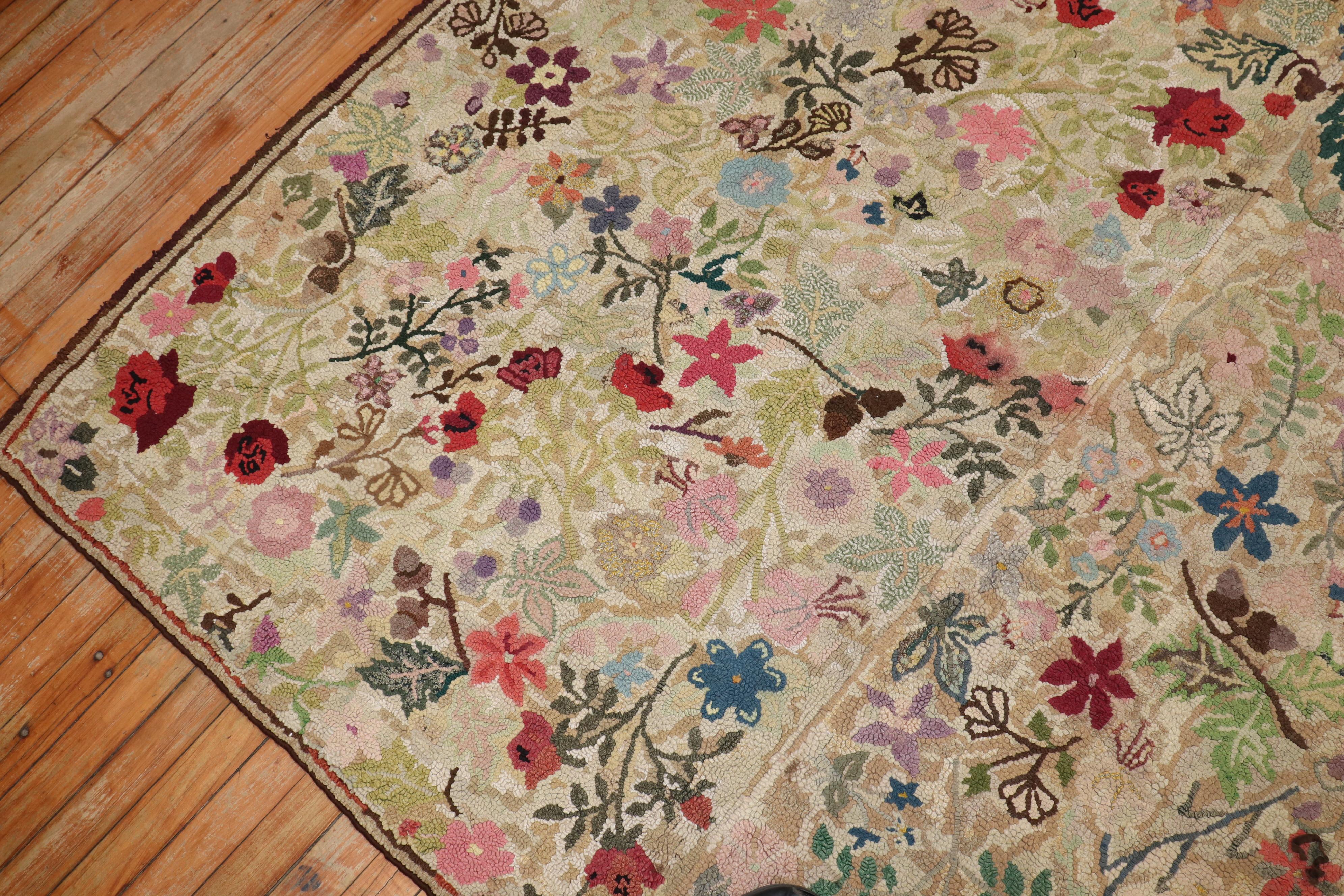 Wool Botanical Square Size American Hooked Floral Rug