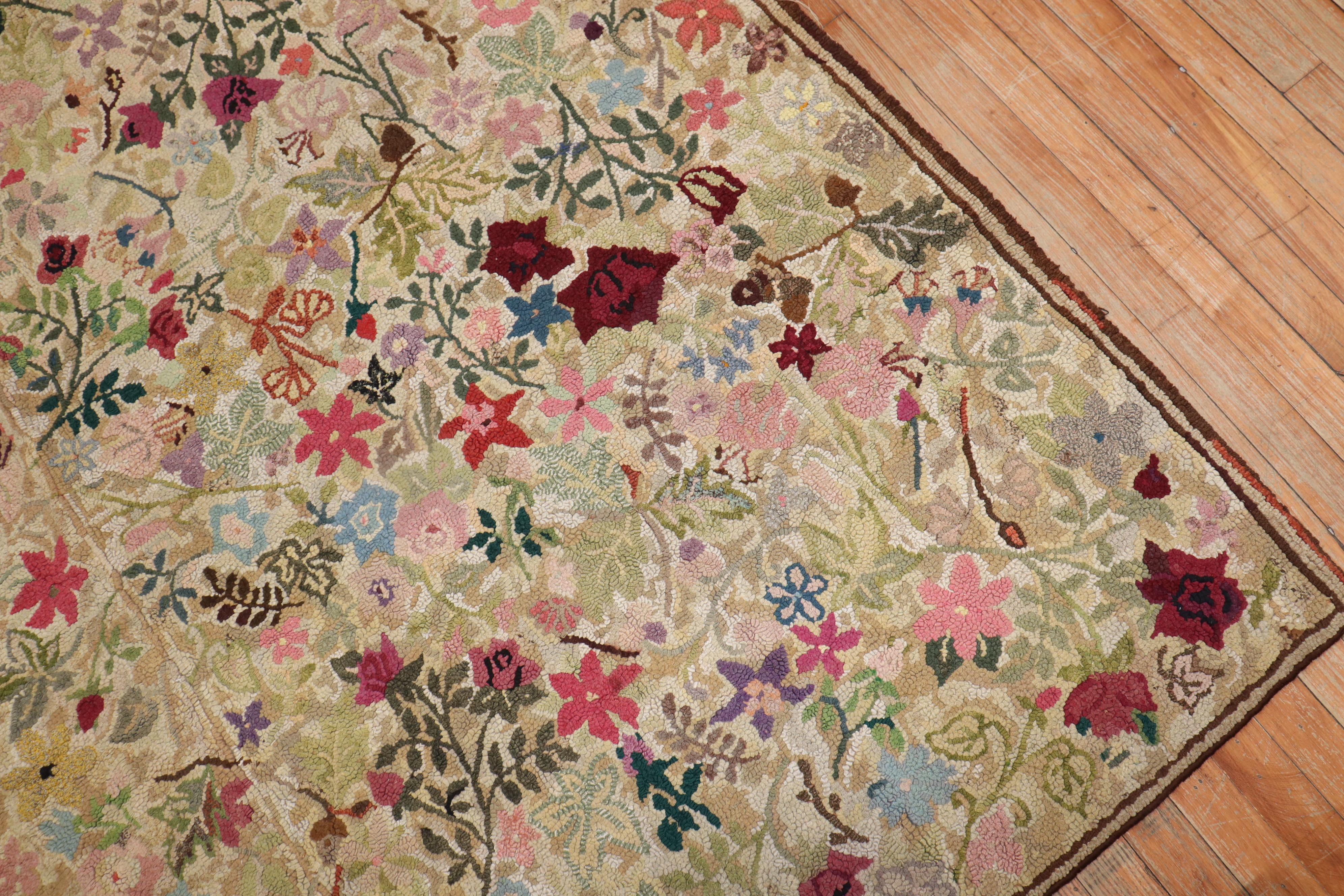Botanical Square Size American Hooked Floral Rug 1
