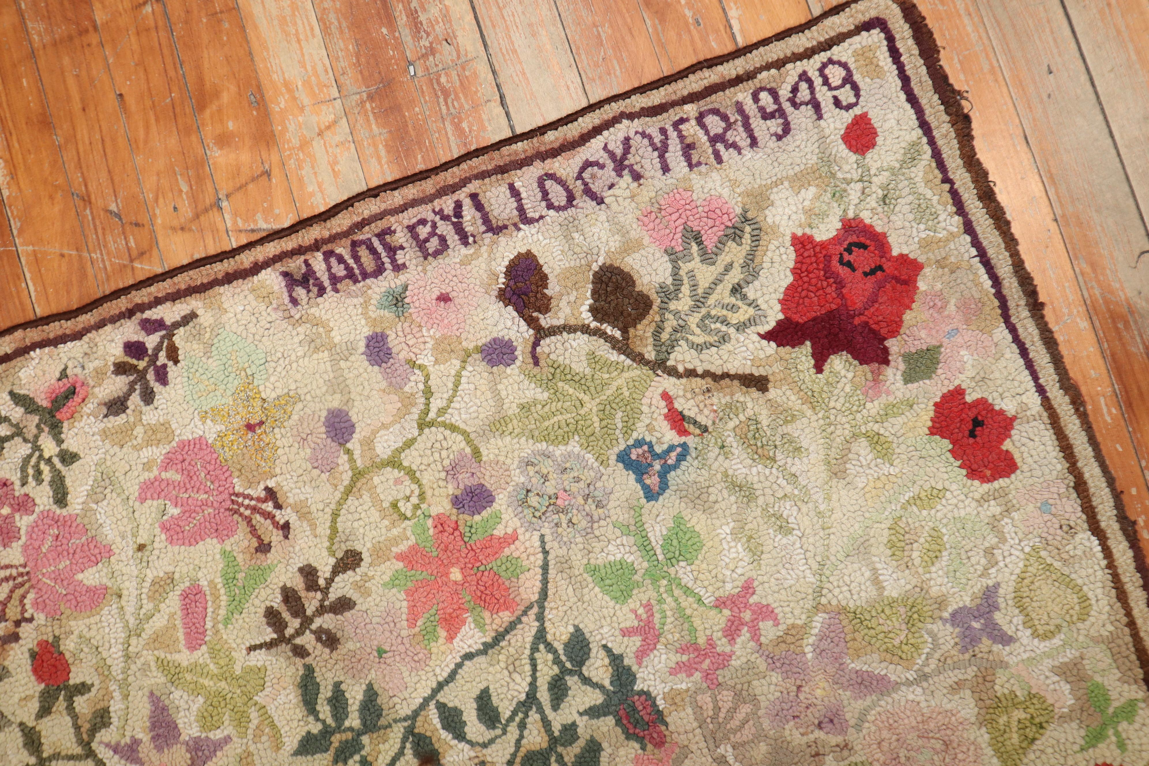 Botanical Square Size American Hooked Floral Rug 2