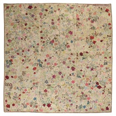 Vintage Botanical Square Size American Hooked Floral Rug