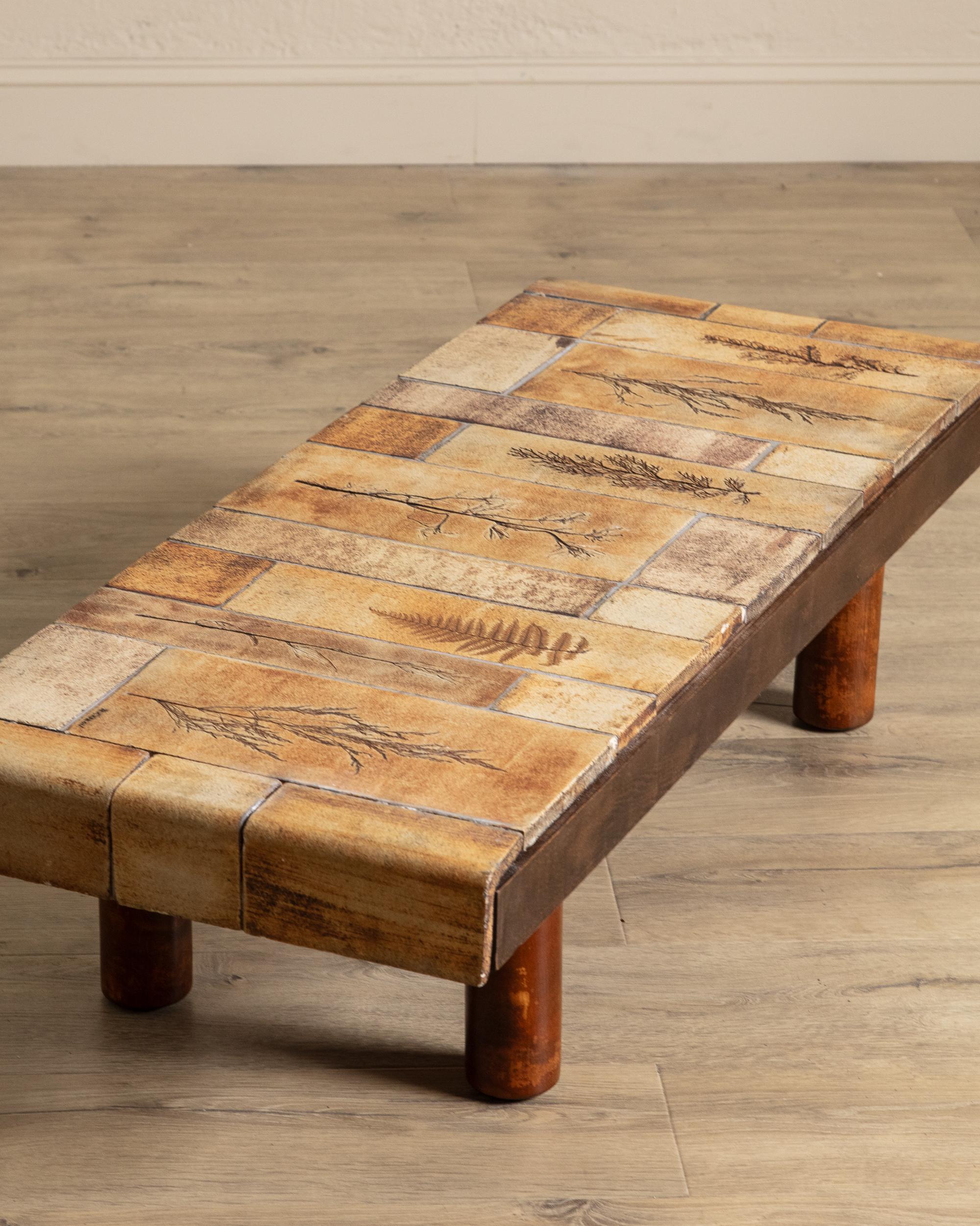 French Botanical Tile Top Waterfall Coffee Table by Roger Capron, France, 1965 For Sale