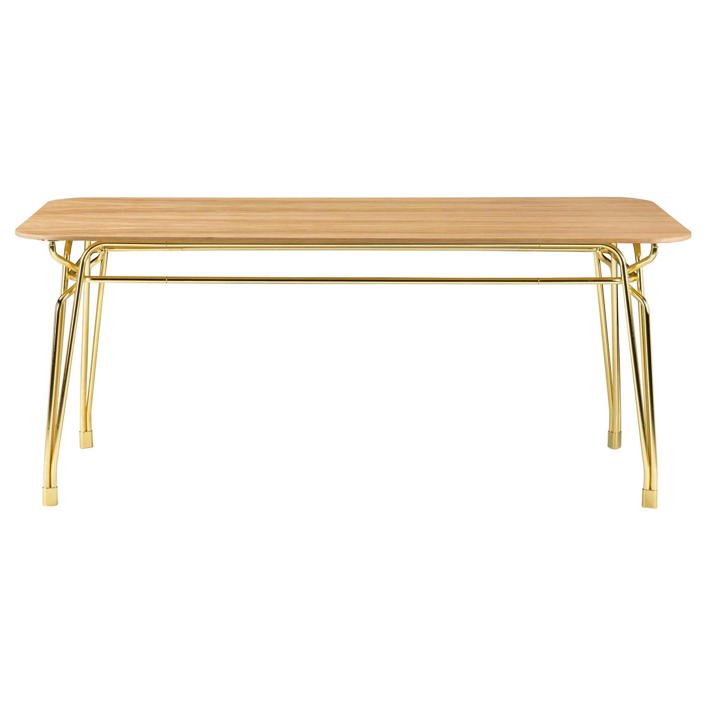Botany Dining Table in Striped Oak Top with Polished Brass Legs For Sale