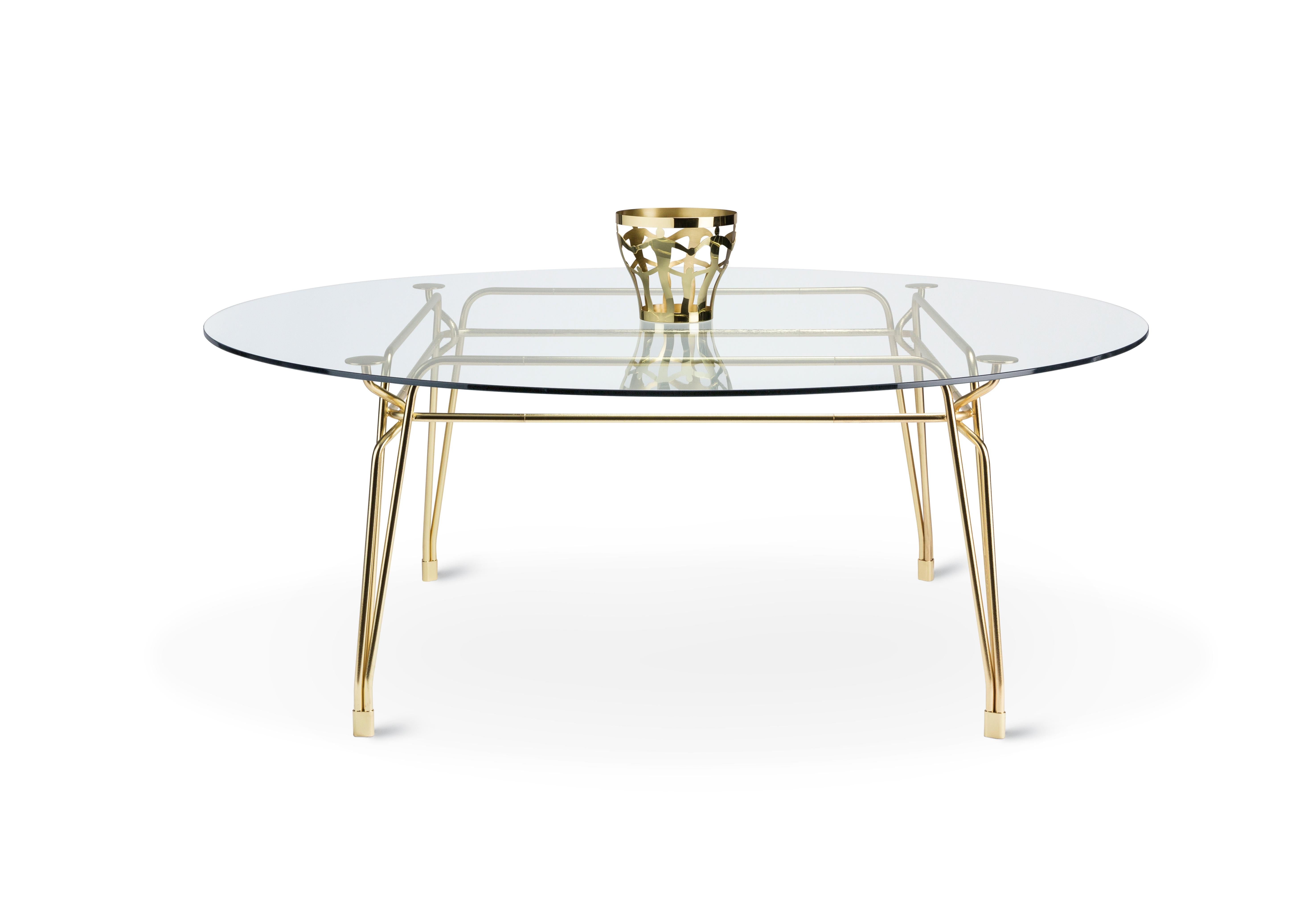 Italian Botany Round Dining Table in Glass Top with Polished Brass Legs For Sale
