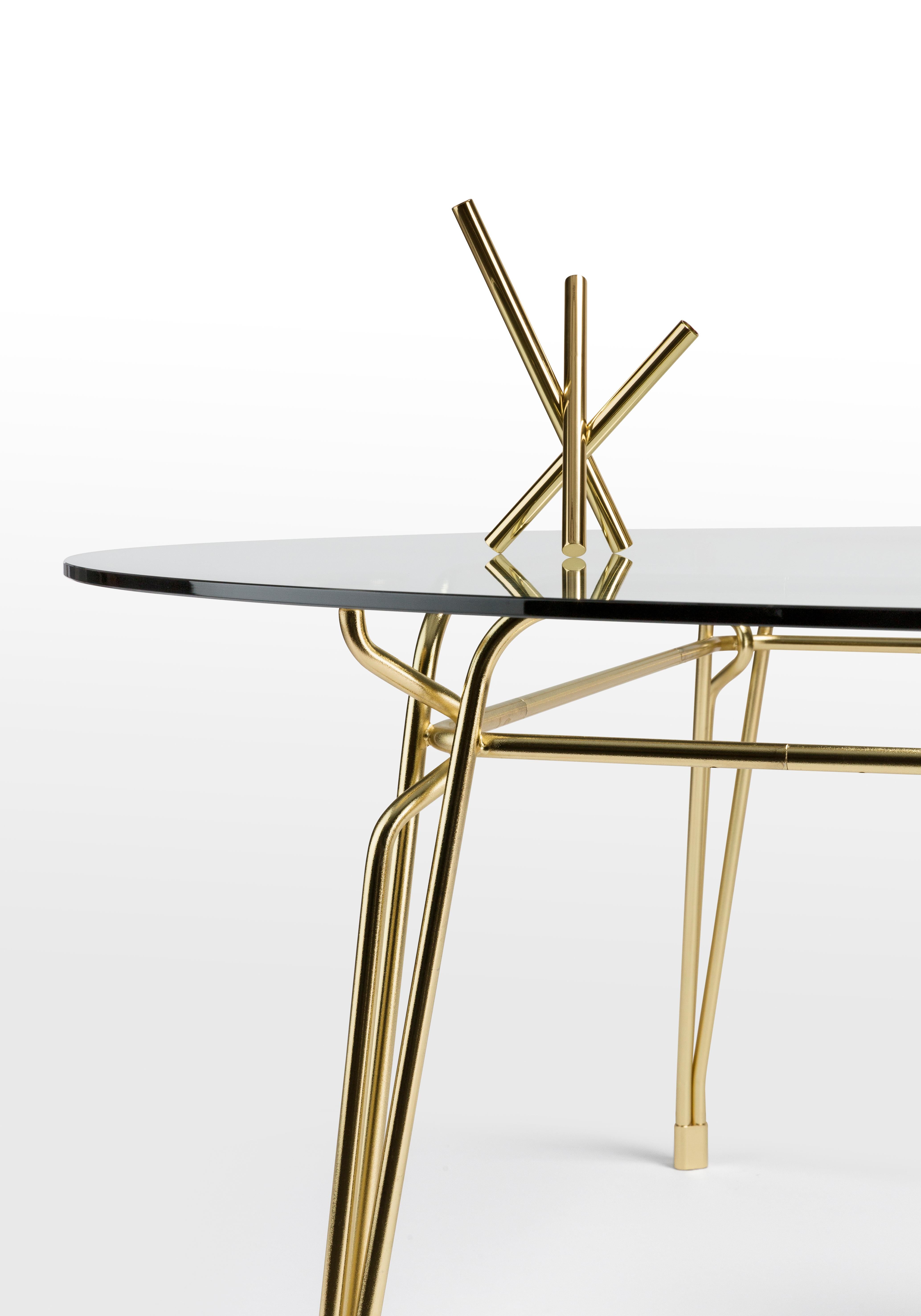 Contemporary Botany Round Dining Table in Glass Top with Polished Brass Legs For Sale