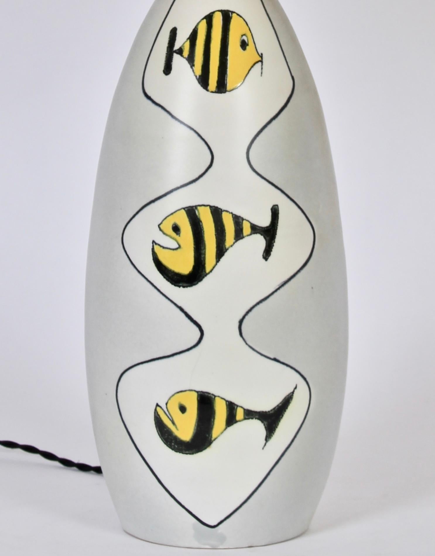 20th Century Bitossi Hand Painted Three Yellow Stripe Zebra Fish Glazed Pottery Lamp  For Sale