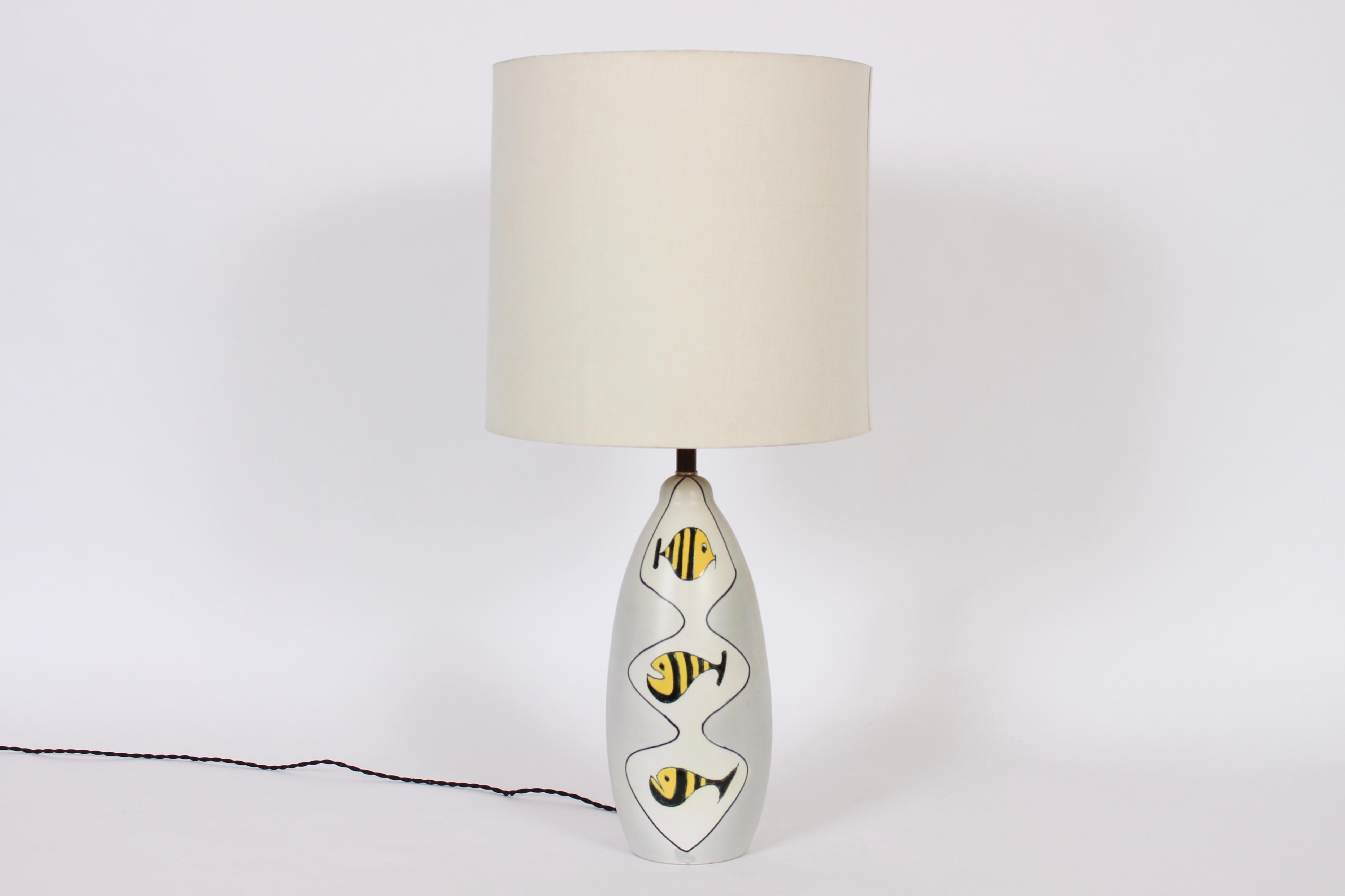 Bitossi Hand Painted Three Yellow Stripe Zebra Fish Glazed Pottery Lamp  For Sale 1