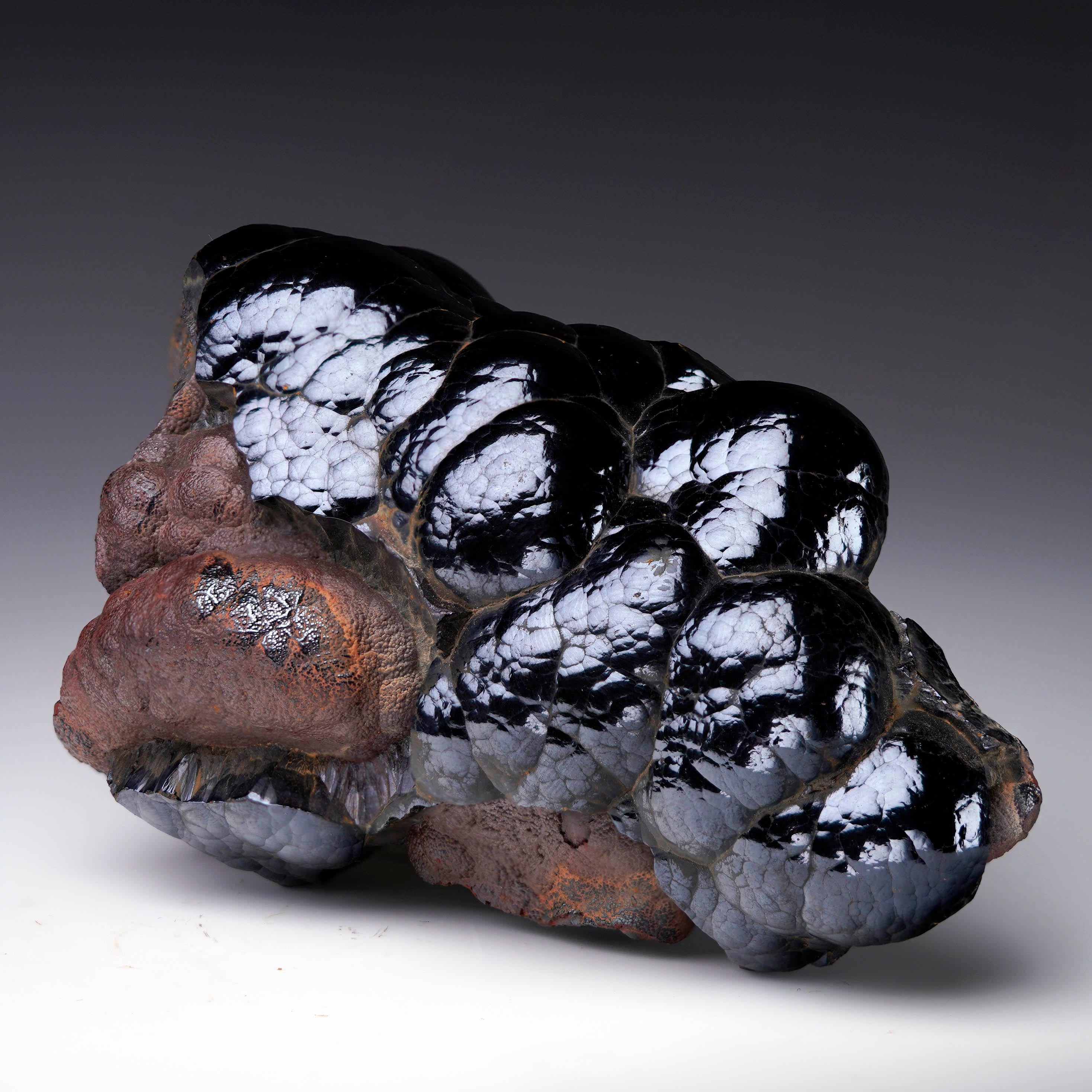 Questo straordinario esemplare di ematite proveniente dal Marocco mostra una brillante lucentezza naturale a specchio sui contorni fluidi e arrotondati della struttura cristallina botrioidale. La forma scultorea e la densità di questo pezzo gli