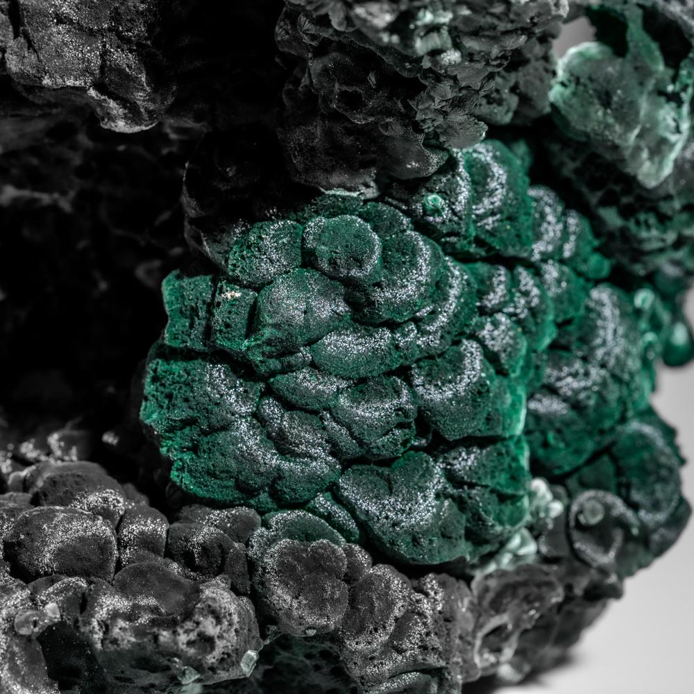 Dalla Shaba Copper Belt, provincia di Katanga (Shaba), Repubblica Democratica del Congo (Zaire) Una scultorea formazione botrioidale di solida malachite verde vellutata proveniente dalle famose miniere di rame di Shaba. Un bel colore verde brillante