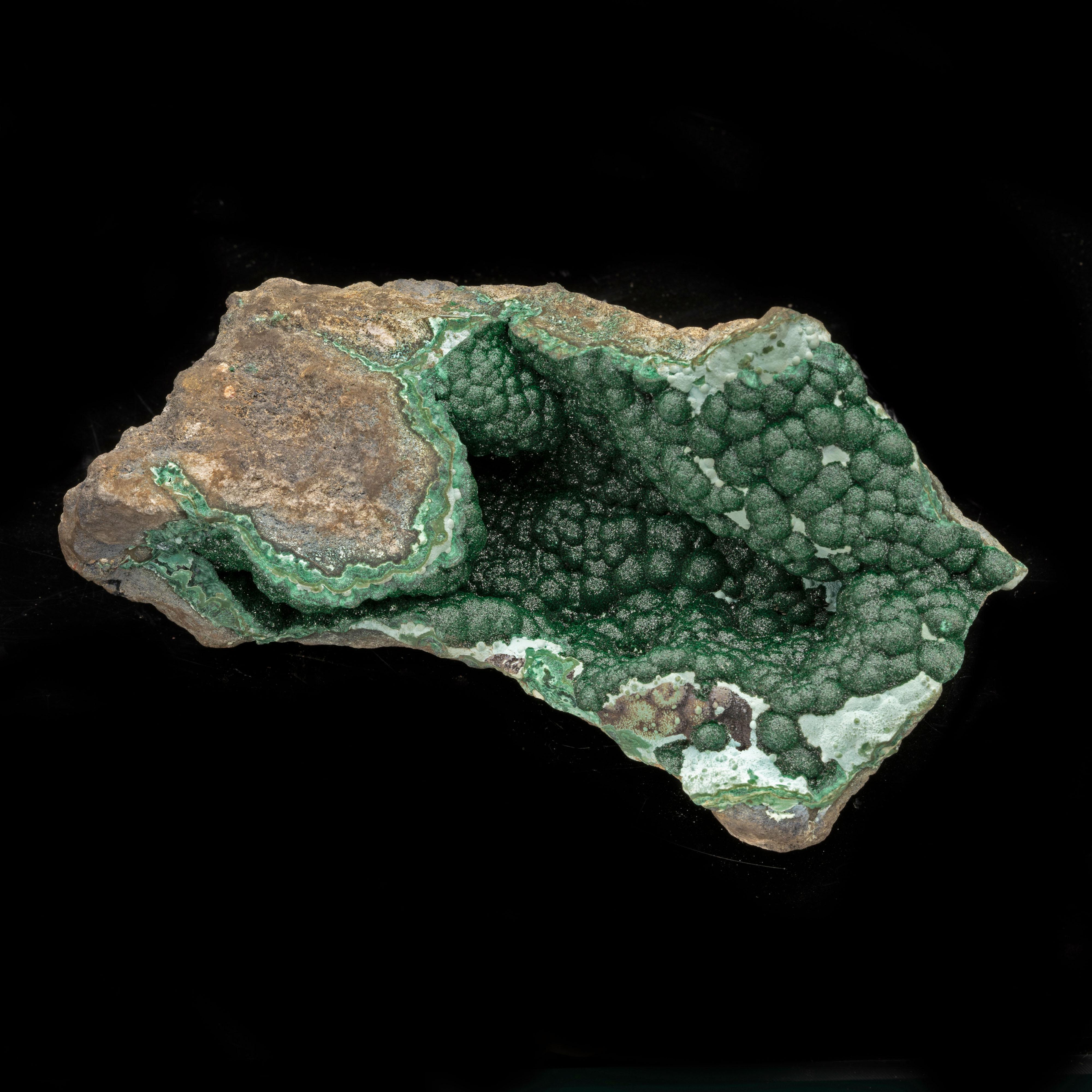 The velvety, druze-coated interior of this vug or natural crystal-lined rock crevice is filled with an abundance of beautifully formed deep emerald green botryoidal malachite crystals. The piece holds a dynamic, sculptural form echoed by the