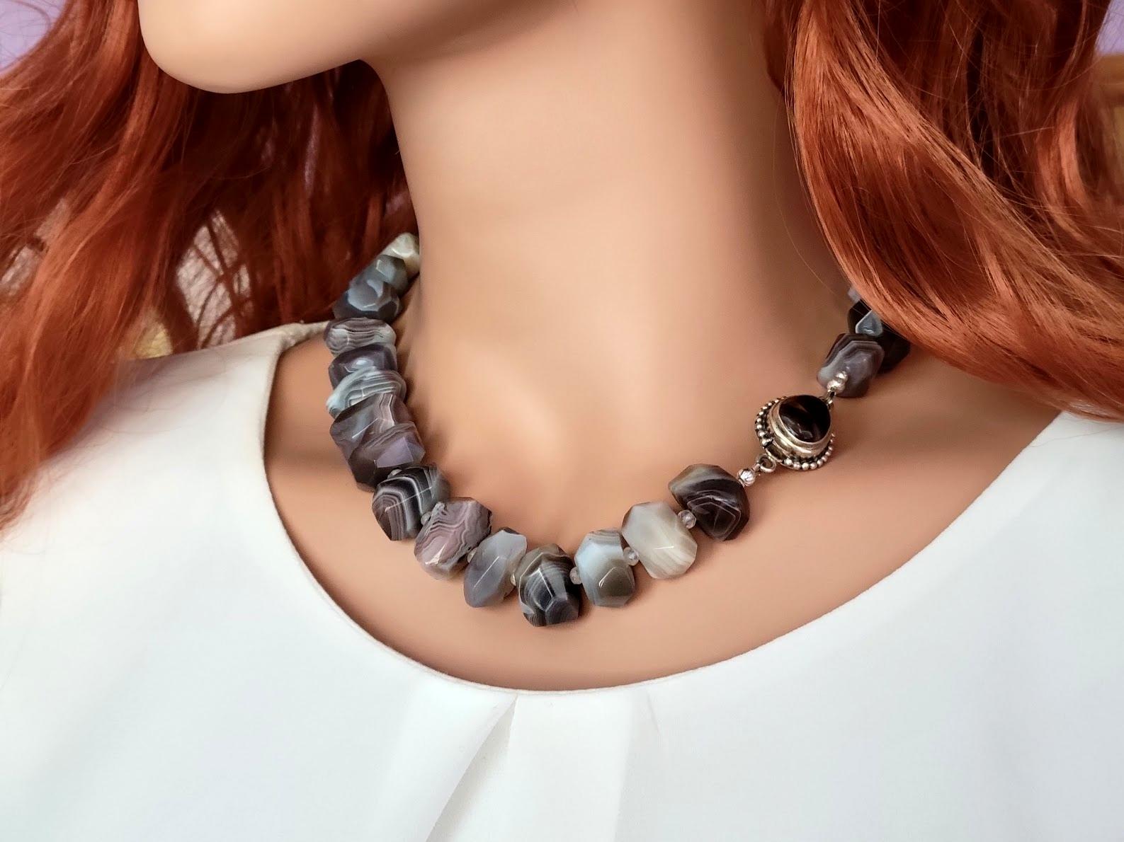 Botswana Agate Necklace with Rock Crystal and Fire Agate 2