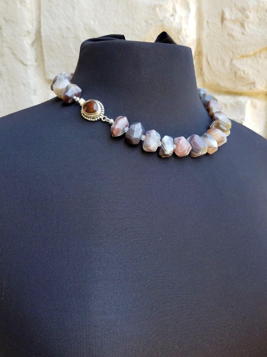 Botswana Agate Necklace with Rock Crystal and Fire Agate In New Condition In Chesterland, OH