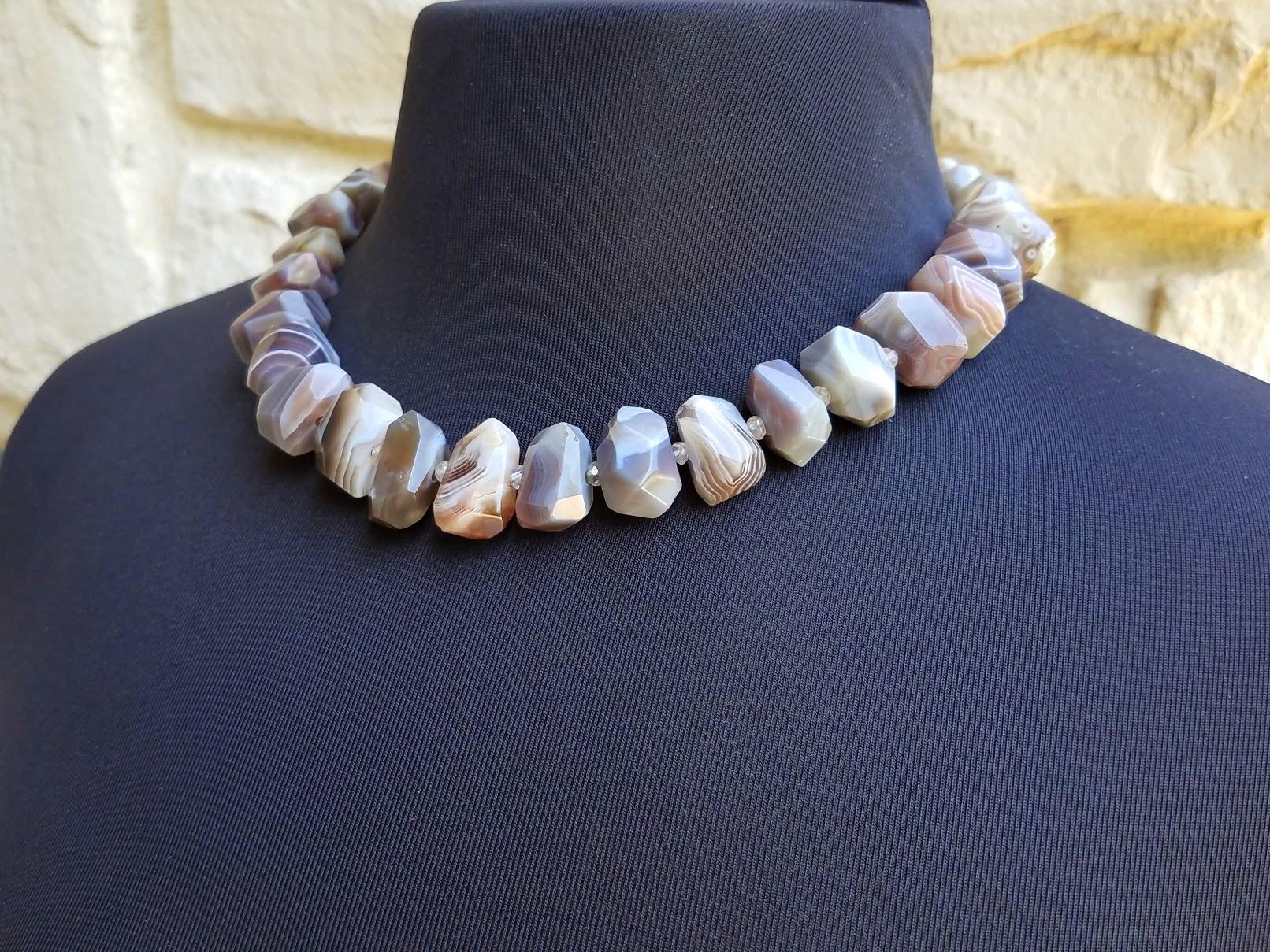 Women's or Men's Botswana Agate Necklace with Rock Crystal and Fire Agate