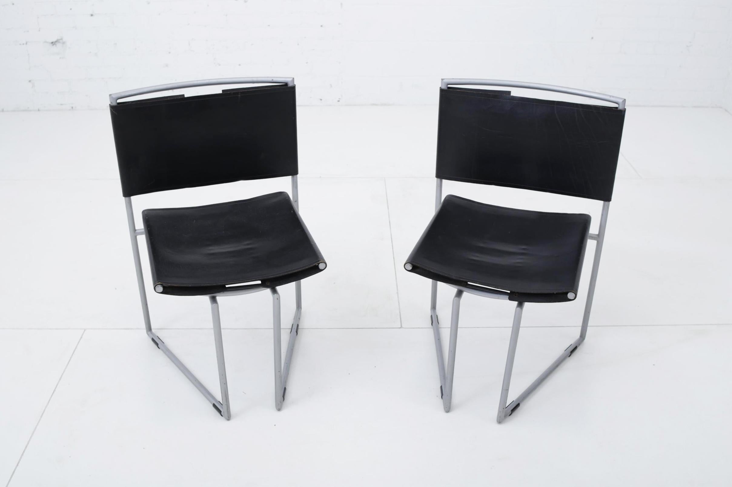 Botta 91 chairs set of 6 by Mario Botta for Alias, 1991. Gray enameled steel frames with black leather sling seat and back. Made in Italy.