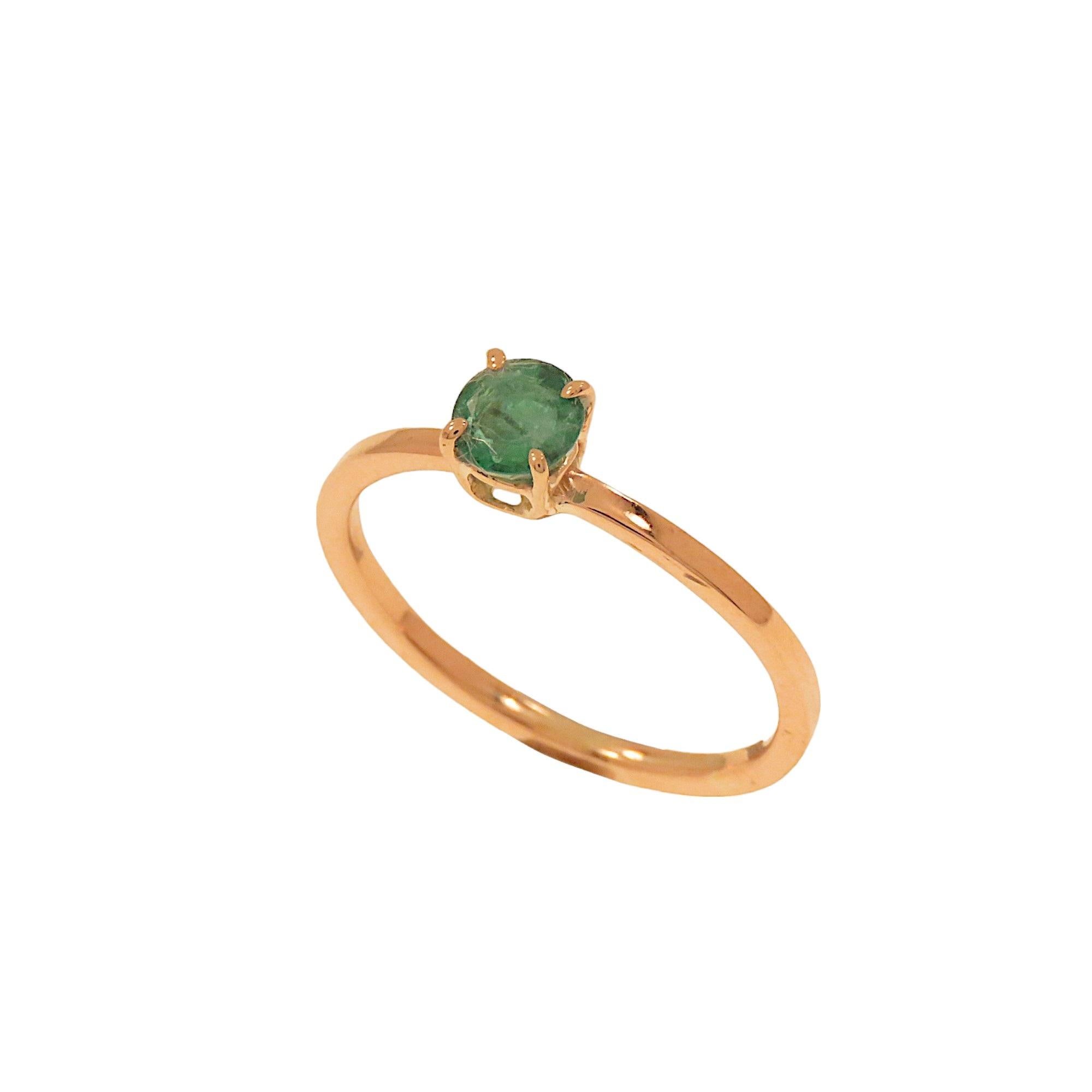 Elegant brilliant-cut emerald ring mounted on 9k rose gold jaw set. The ring is also ideal for an engagement gift. The jewelry was made entirely by hand in our workshop in Milan. The brilliant-cut emerald weighs 0.45 carats. Ring size: Italian 11,