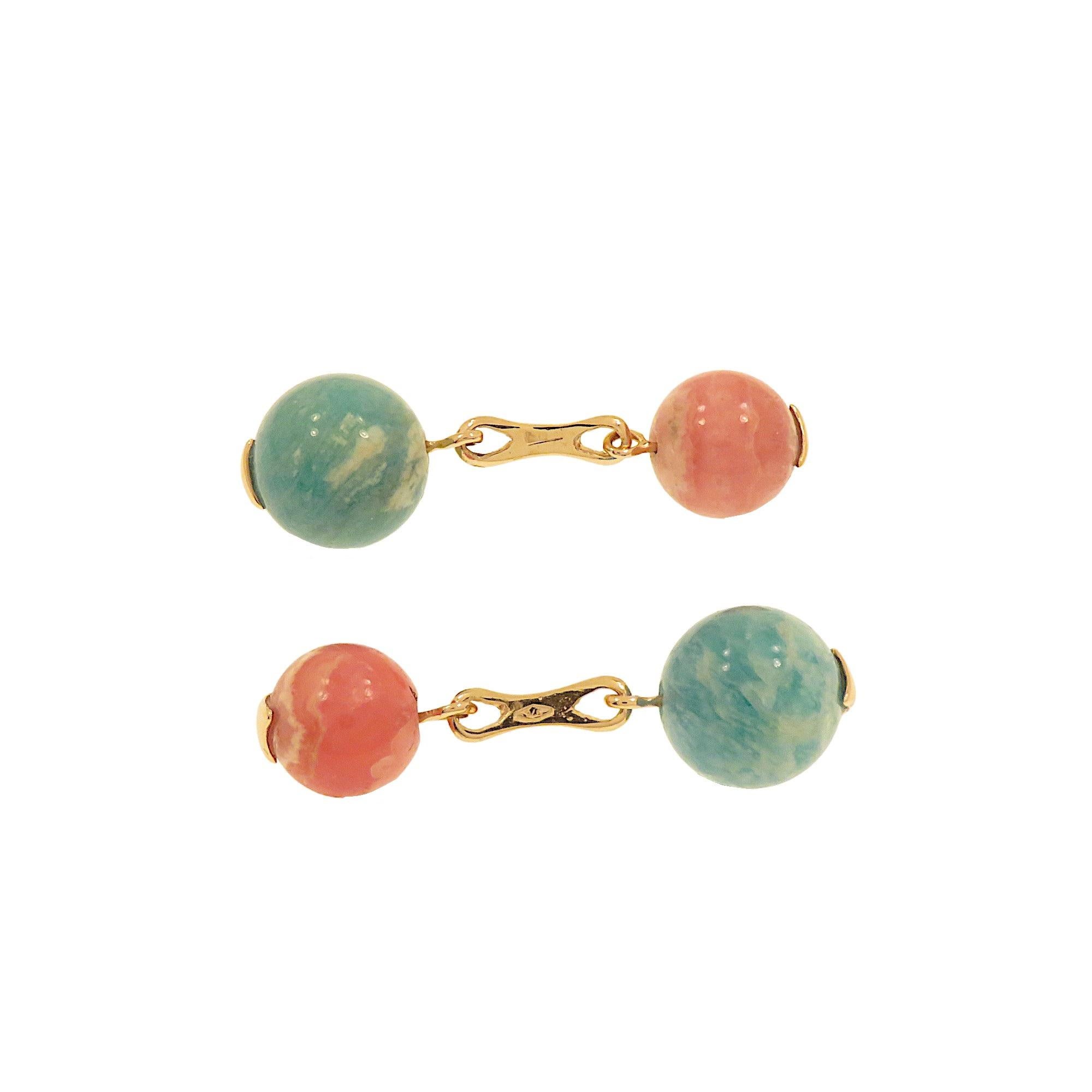 Contemporary Botta Jewelry cufflinks with rhodochrosite and amazonite in rose gold For Sale