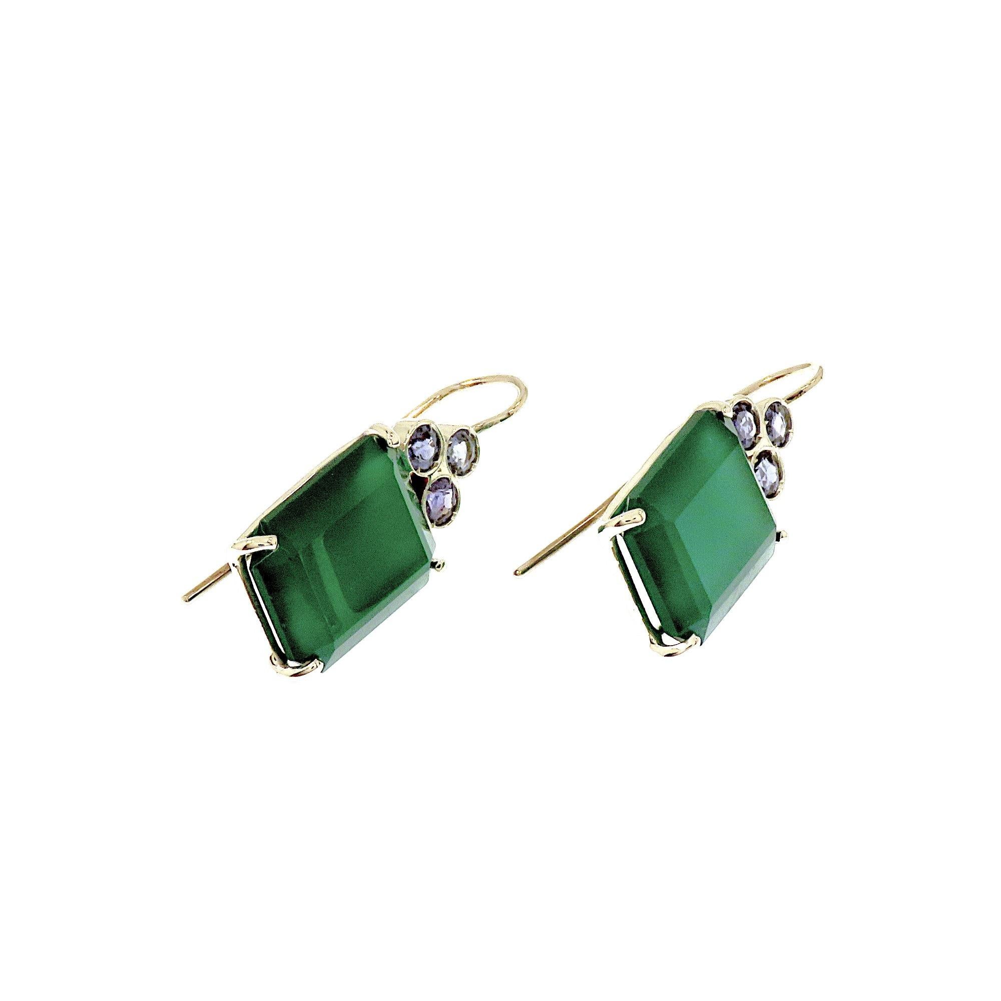 Elegant 9k white gold earrings with 2 emerald-cut chrysoprase of 16x12 mm / 0.63x0.47 inches - 16 ct total and 6 round brilliant-cut blue sapphires of 3 mm diameter  / 0.12 inches - 0.90 ct. The earrings are handmade by Botta Gioielli in its