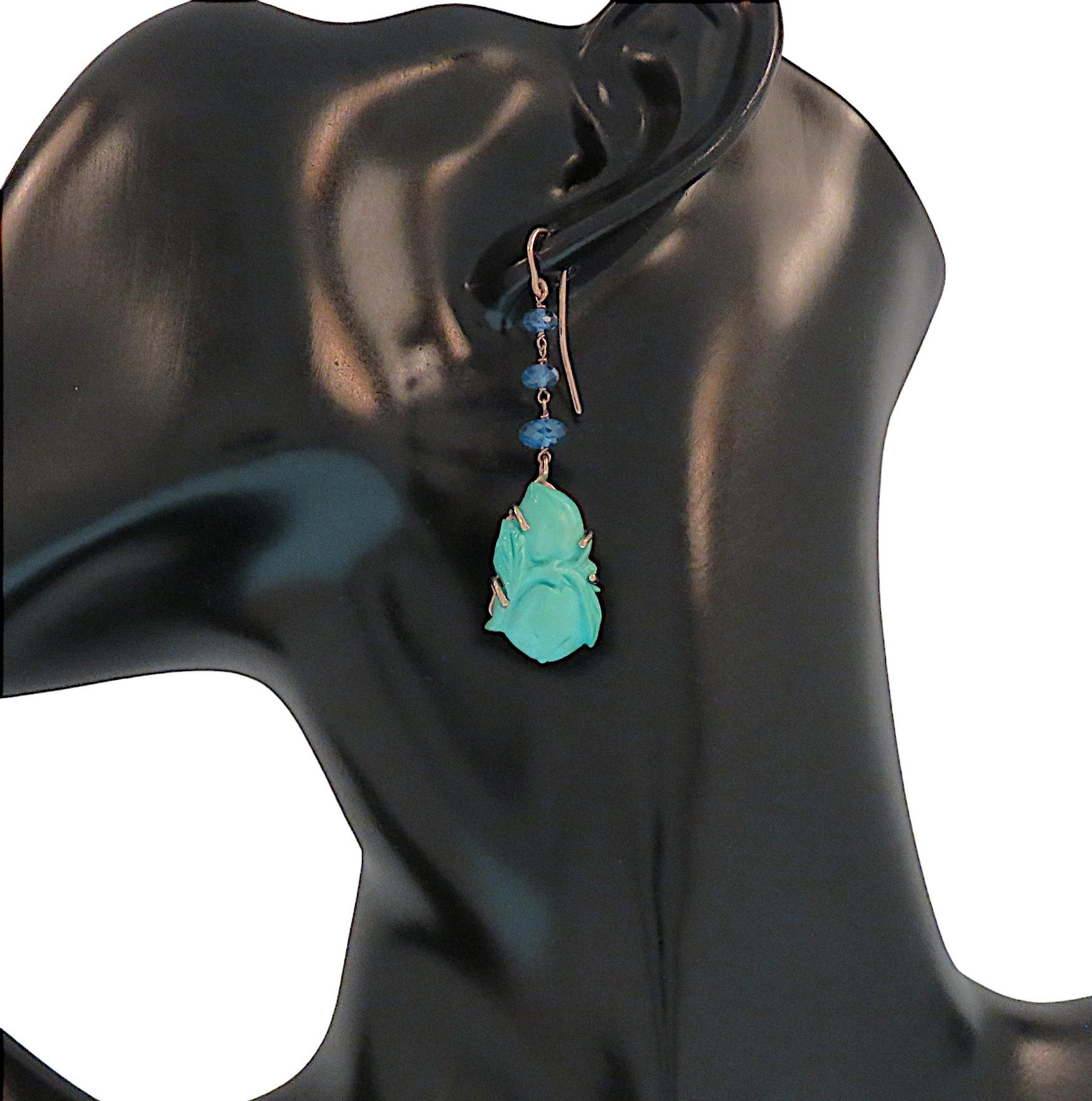 Original 9k rose gold earrings with nugget-cut blue sapphires and natural turquoise cut and engraved with a floral theme. The earrings are handmade by Botta Gioielli in its workshop in Milan Italy. Each turquoise measures 22x16 mm / 0.87x0.63