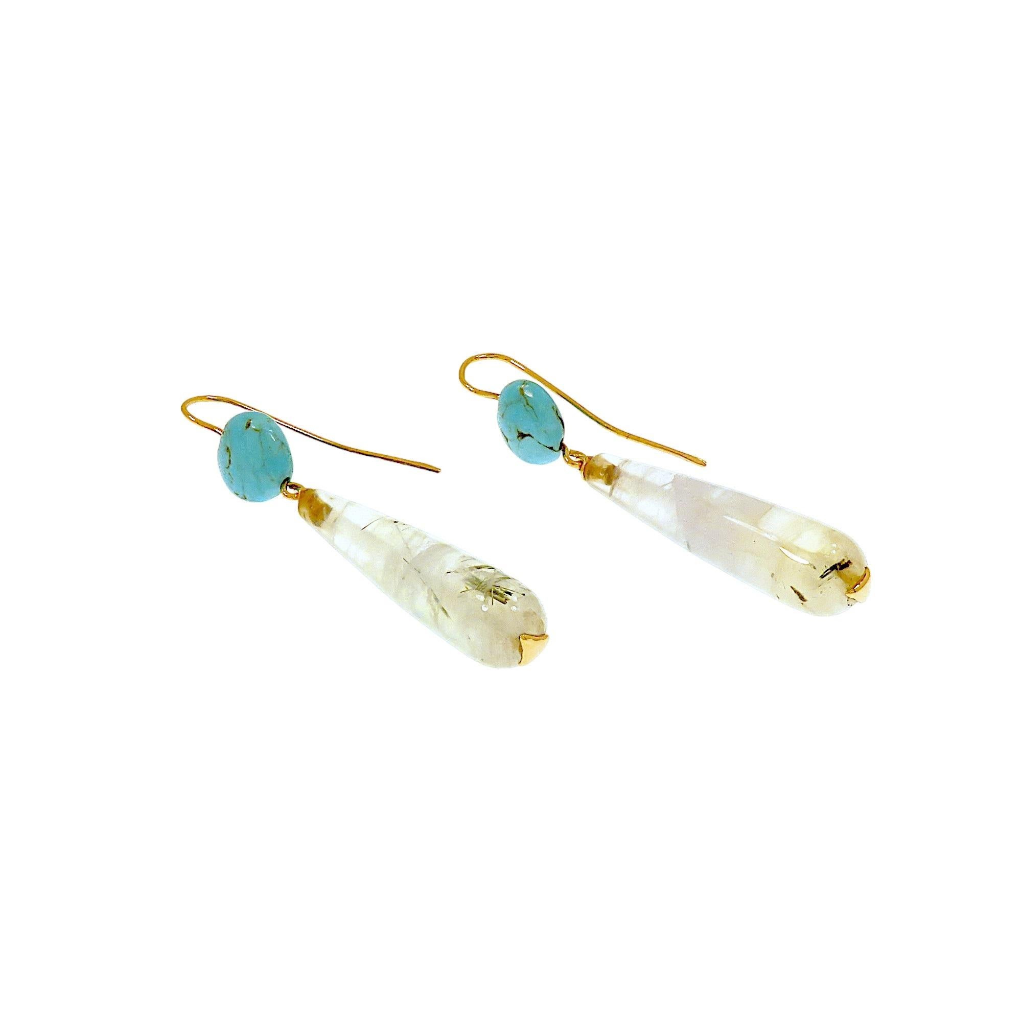Elegant and classic heart-cut turquoise and prehnite drop pendant earring with light green tourmalinated quartz. Made of 9k rose gold with open monachine attachment. The dimensions of the turquoise are 12x11 mm / 0.47x0.43 inches, of the drop 42x10