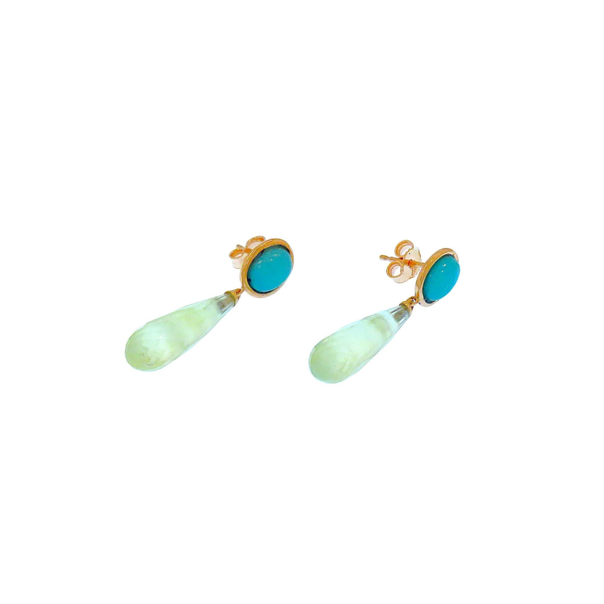 Elegant and classic pendant earring with oval cabochon-cut amazonite cabochon set in 9k rose gold with open monachine attachment from which dangles a prehnite drop. The dimensions of the amazonite are 8x6 mm / 0.31x0.23 inches of the drop  24x7 mm.