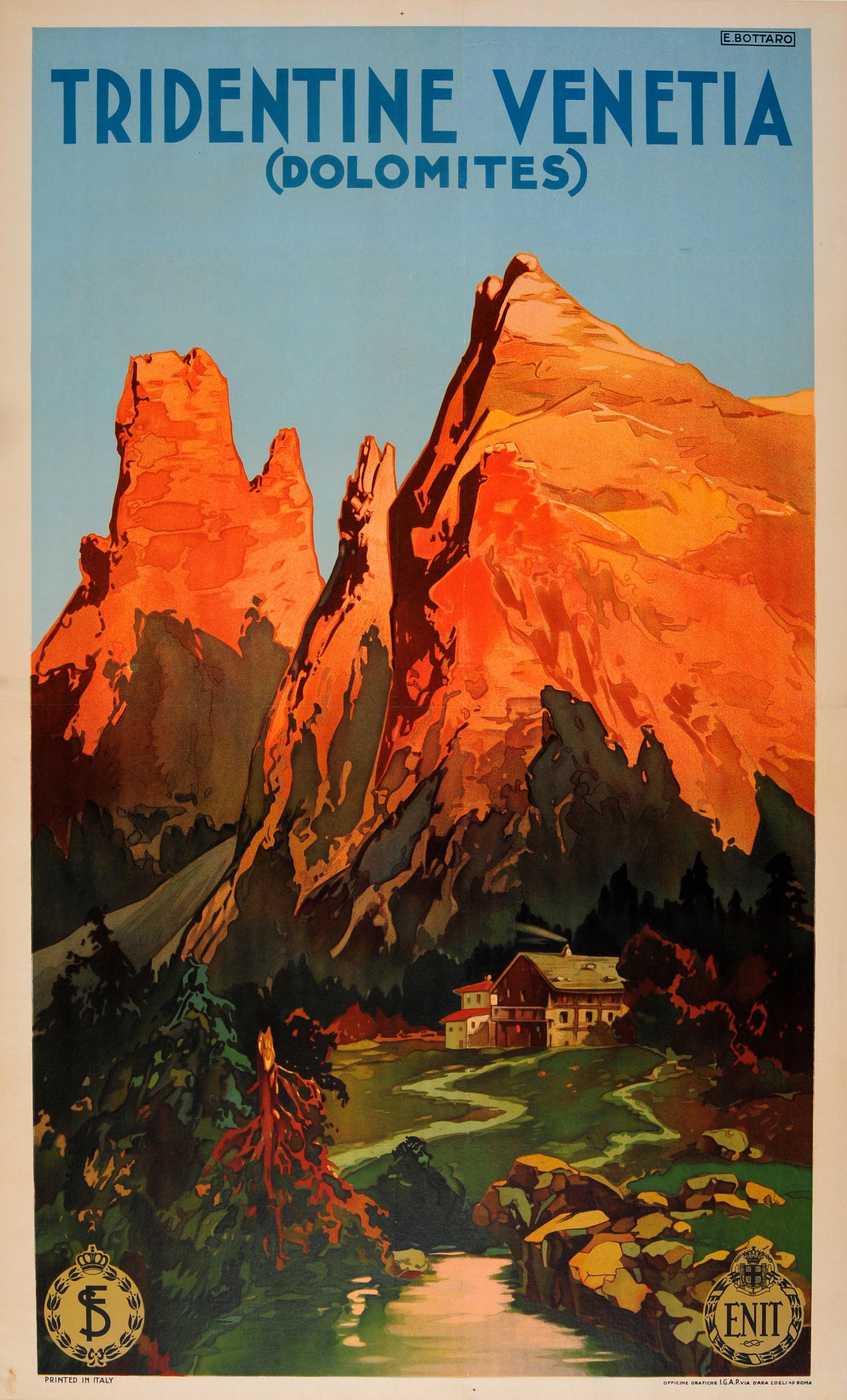 Bottaro Print - Original Antique Poster Tridentine Venetia Dolomites Alps Mountains Italy Travel