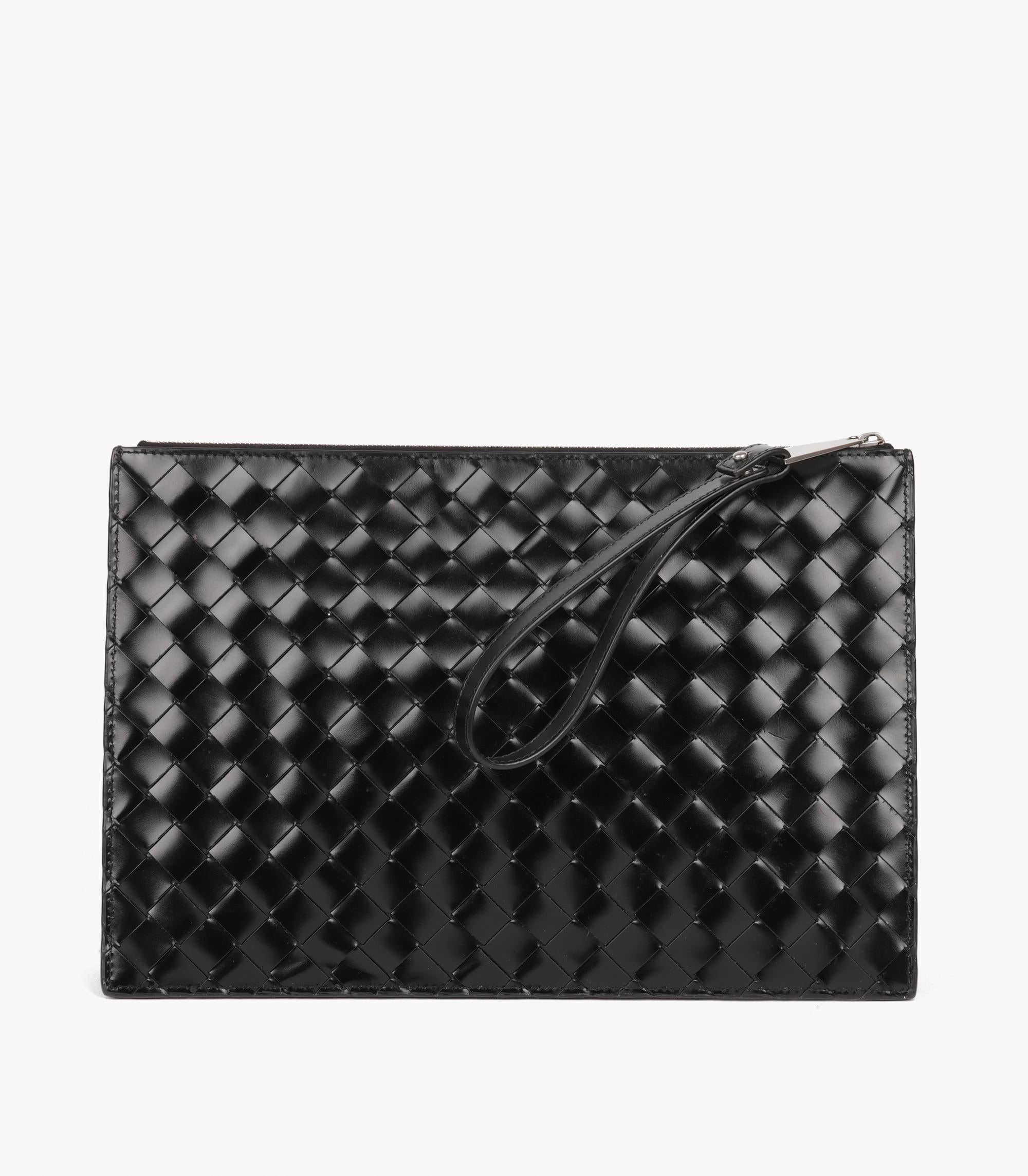 Women's Bottega Black Woven Calfskin Leather Wristlet Pouch