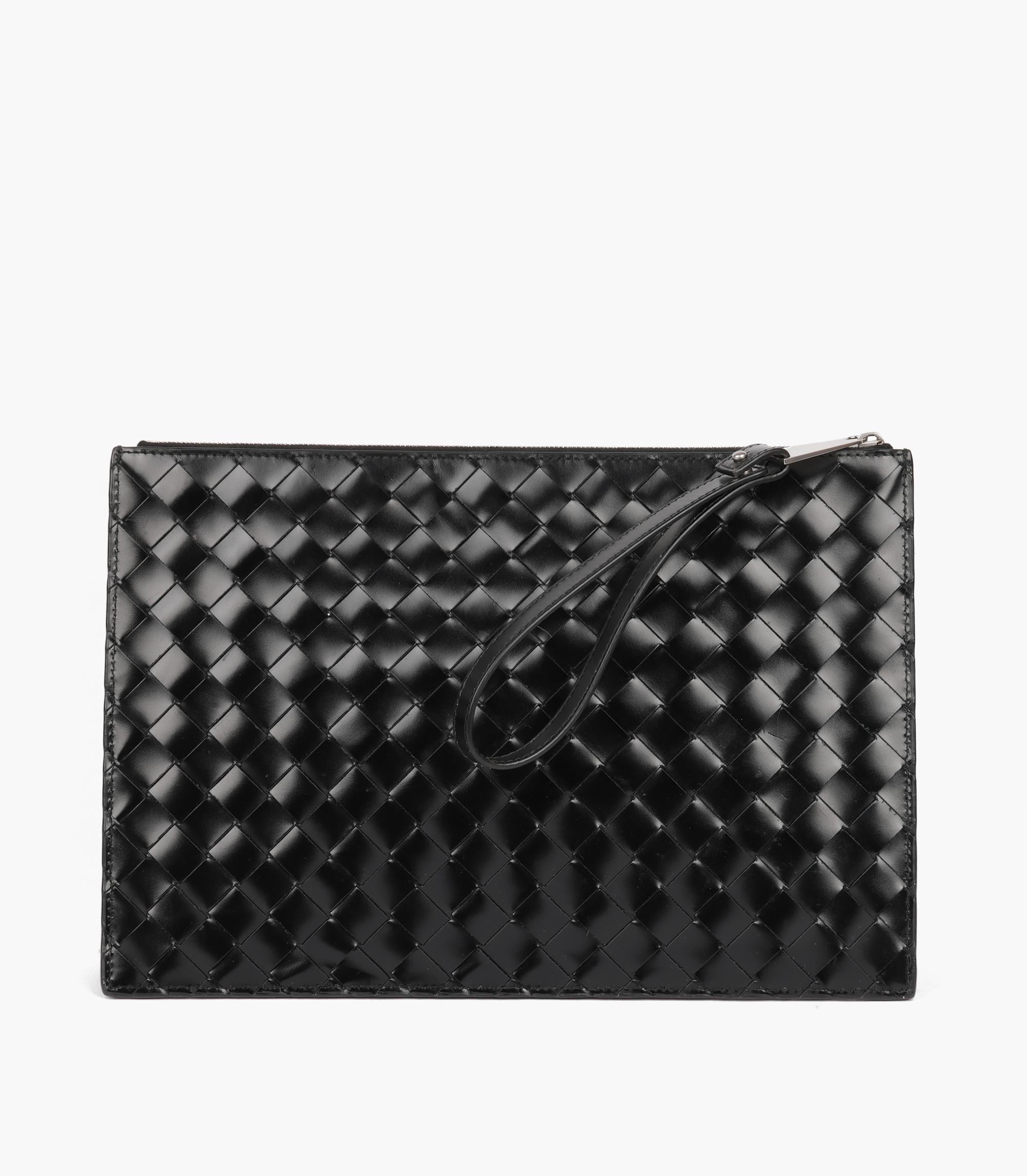 Women's Bottega Black Woven Calfskin Leather Wristlet Pouch For Sale