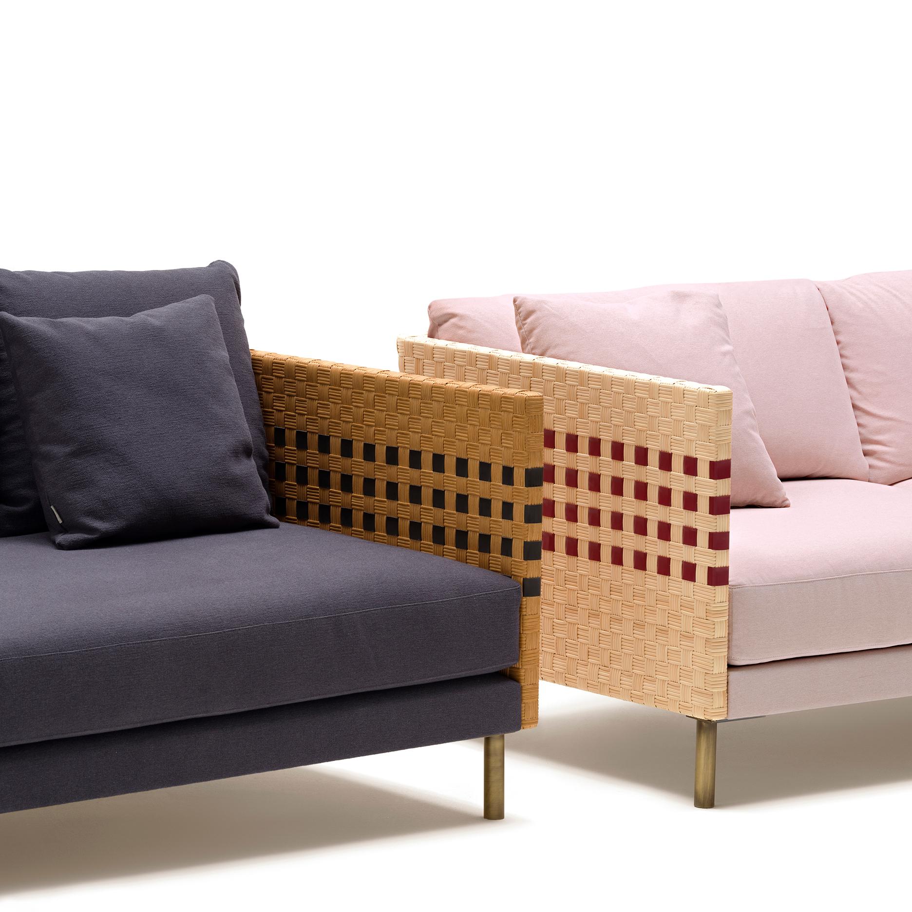 Milli 240 two extra seats sofa - Module 115
The compositional feature is the armrest, which references the iconic woven motif invented in this region and reinterpreted, in this case, in the alternation between wicker and leather “tiles,” suggesting