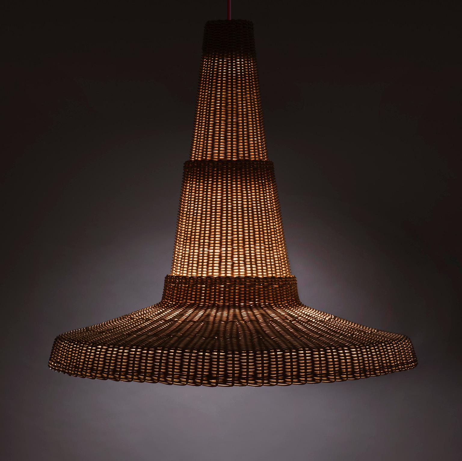 Italian Bottega Intreccio Woven Wicker Caratteri Cocolla Pendant Lamp, by M. Bernabei For Sale
