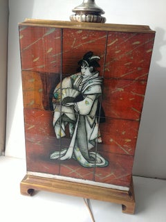 Bottega Karin:: peinture sur verre inversé:: lampe de table églomisée:: Design Attb:: Laszlo