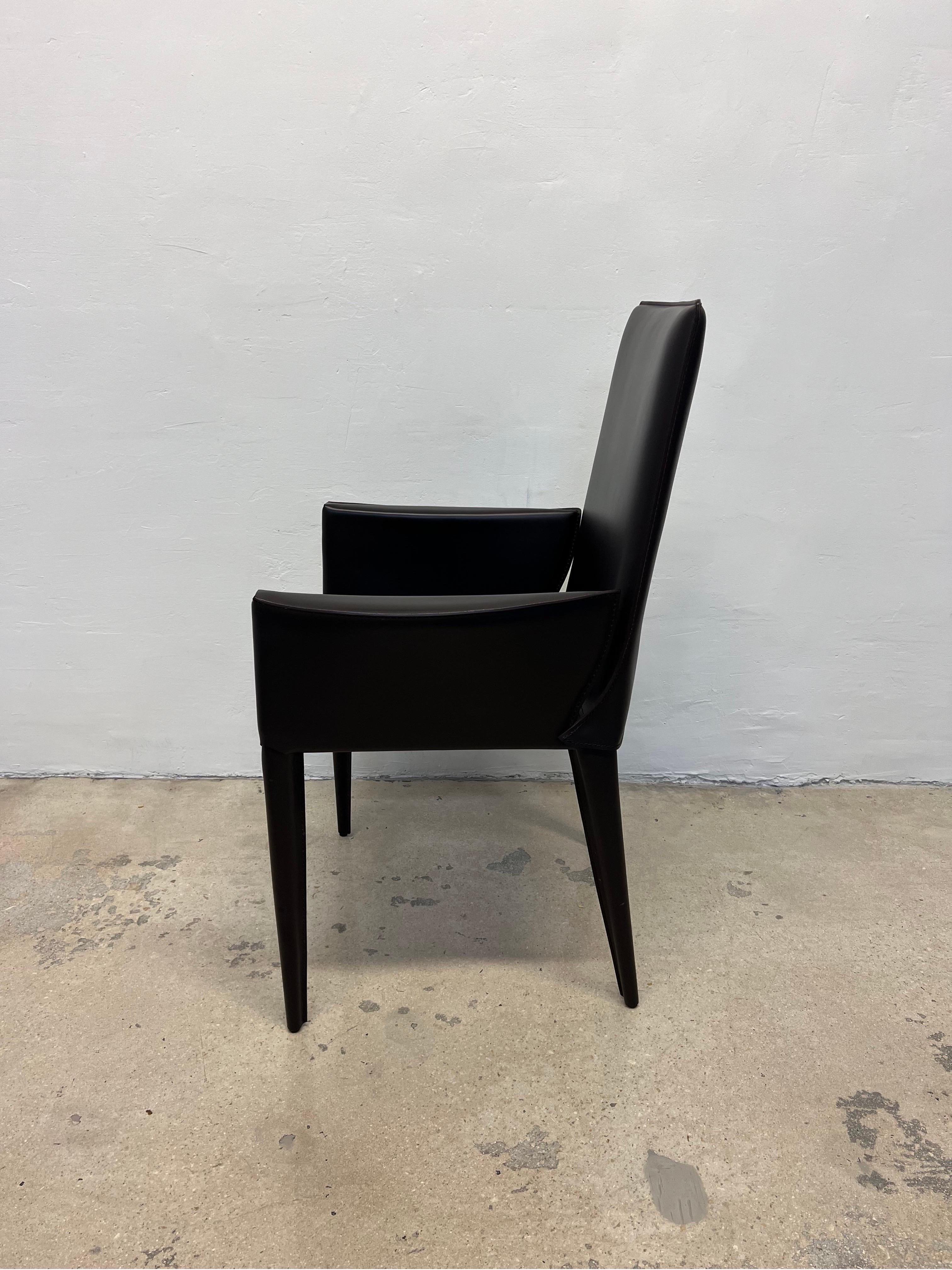 Bottega Leather Dining Arm Chairs by Fauciglietti and Bianchi for DWR, Pair In Good Condition For Sale In Miami, FL