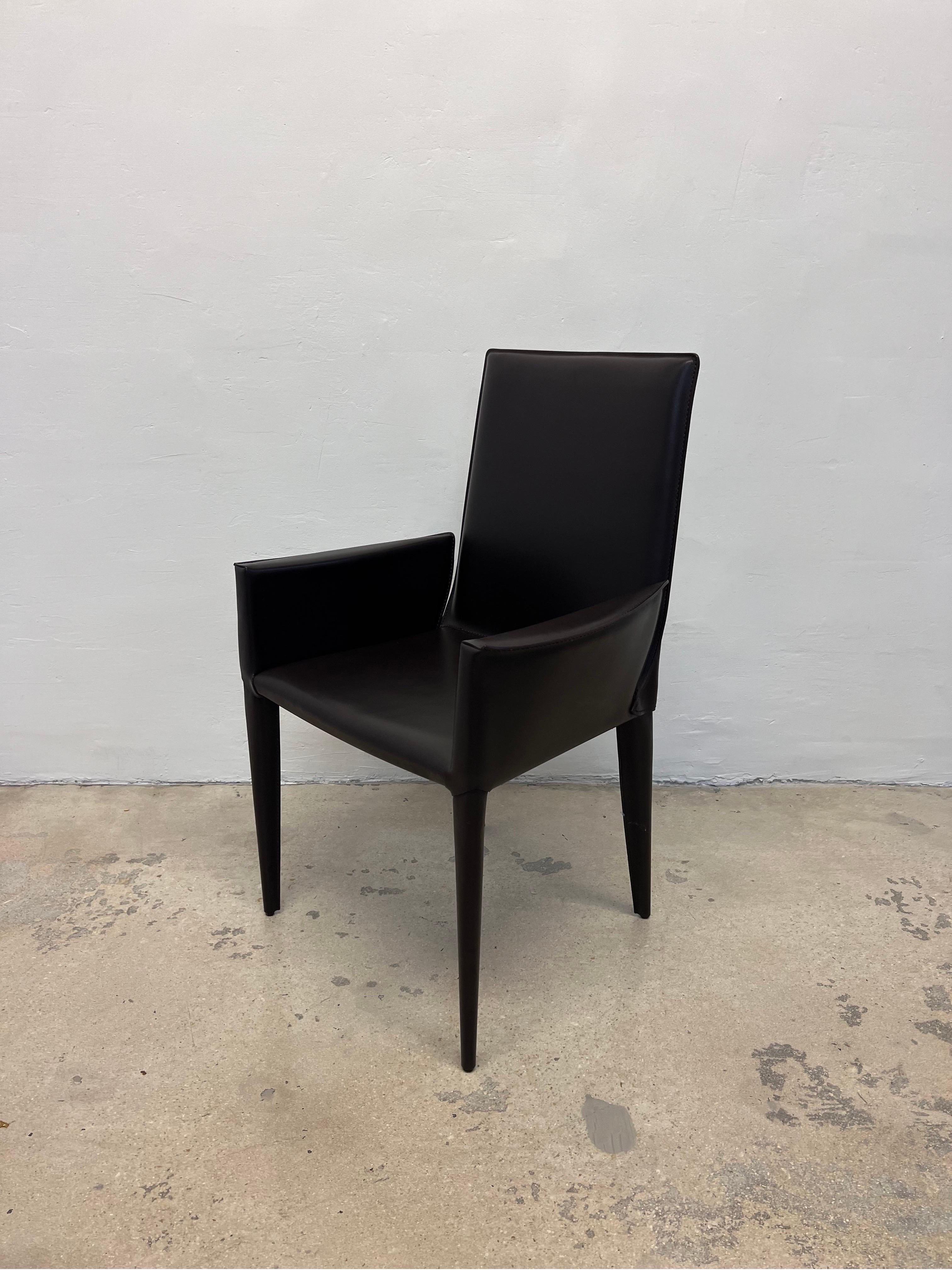 Contemporary Bottega Leather Dining Arm Chairs by Fauciglietti and Bianchi for DWR, Pair For Sale