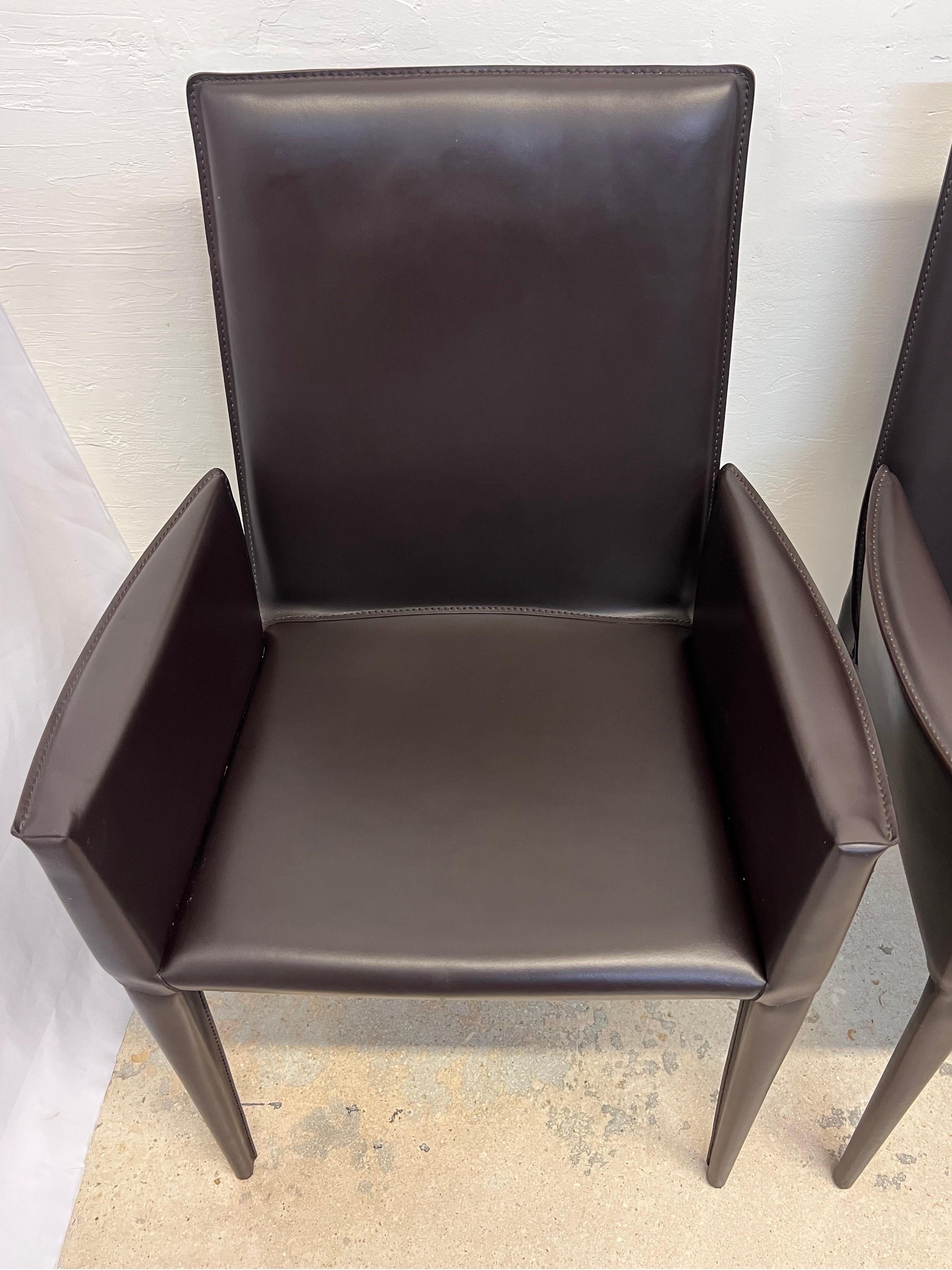 Steel Bottega Leather Dining Arm Chairs by Fauciglietti and Bianchi for DWR, Pair For Sale