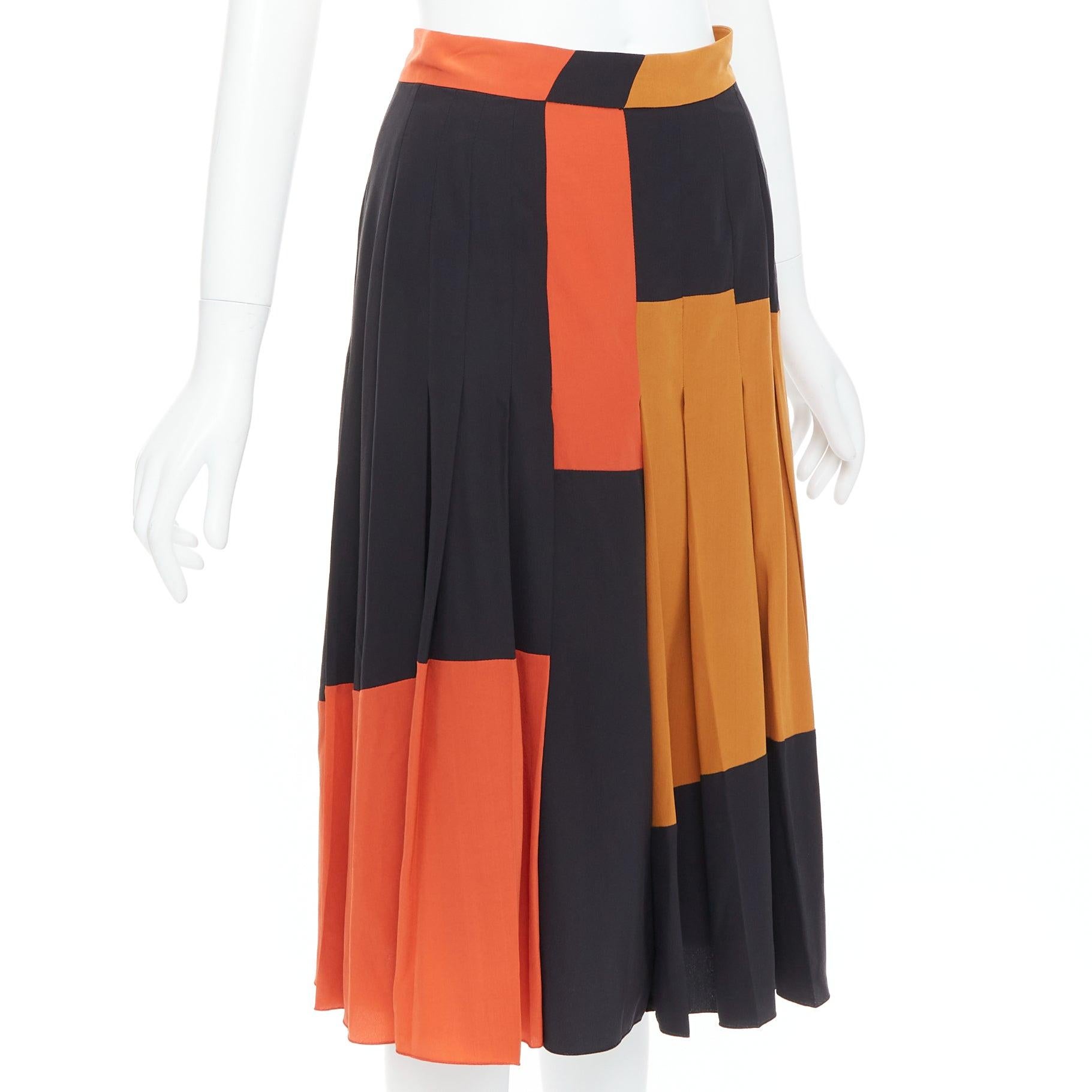 Brown BOTTEGA VENETA 100% silk  black orange brown colorblock pleated skirt IT36 XXS For Sale