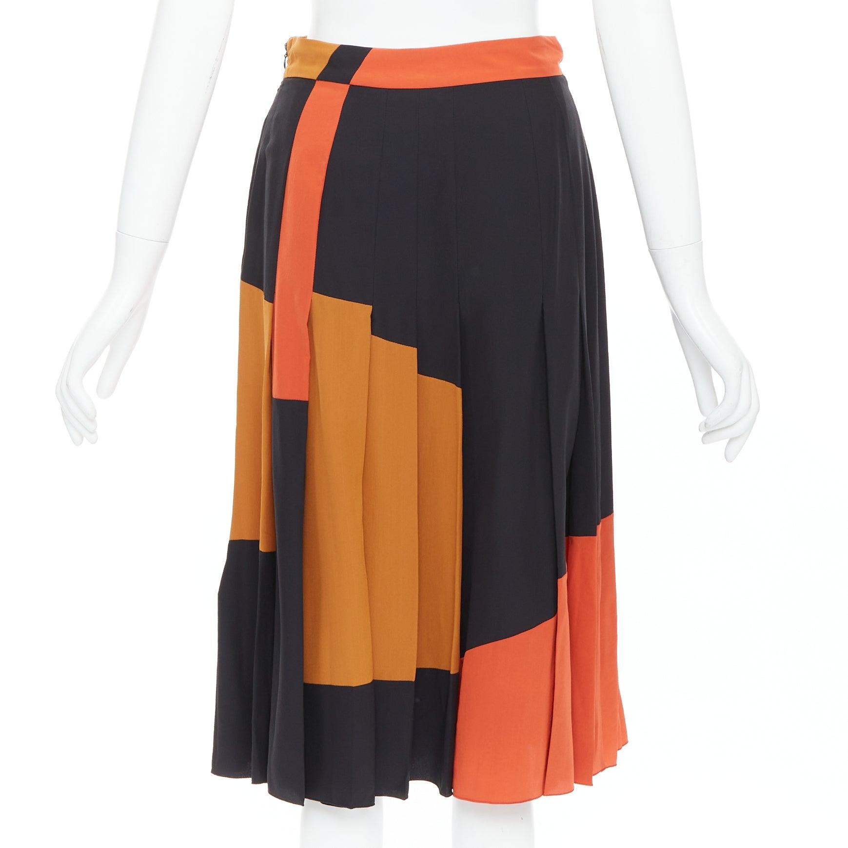 Women's BOTTEGA VENETA 100% silk  black orange brown colorblock pleated skirt IT36 XXS For Sale