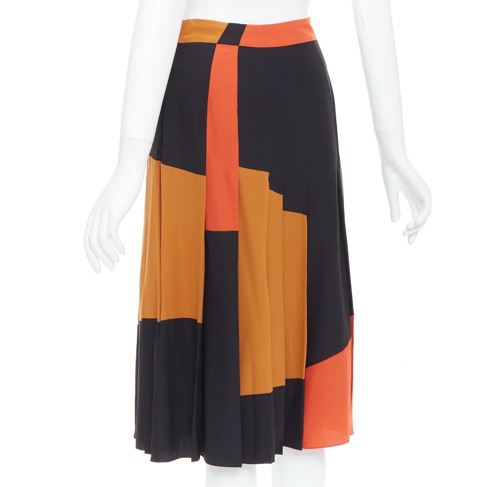 BOTTEGA VENETA 100% silk  black orange brown colorblock pleated skirt IT36 XXS For Sale 1