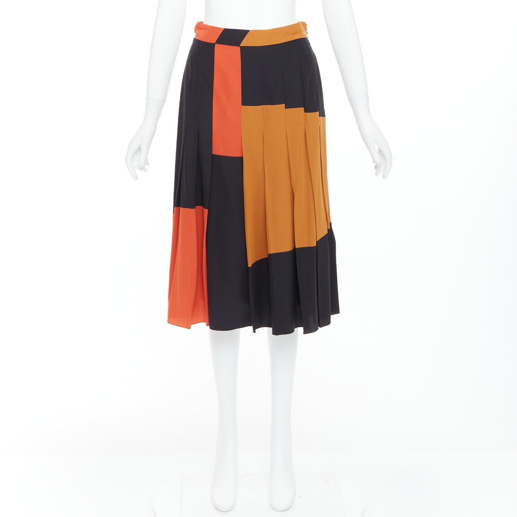 BOTTEGA VENETA 100% silk  black orange brown colorblock pleated skirt IT36 XXS For Sale 4